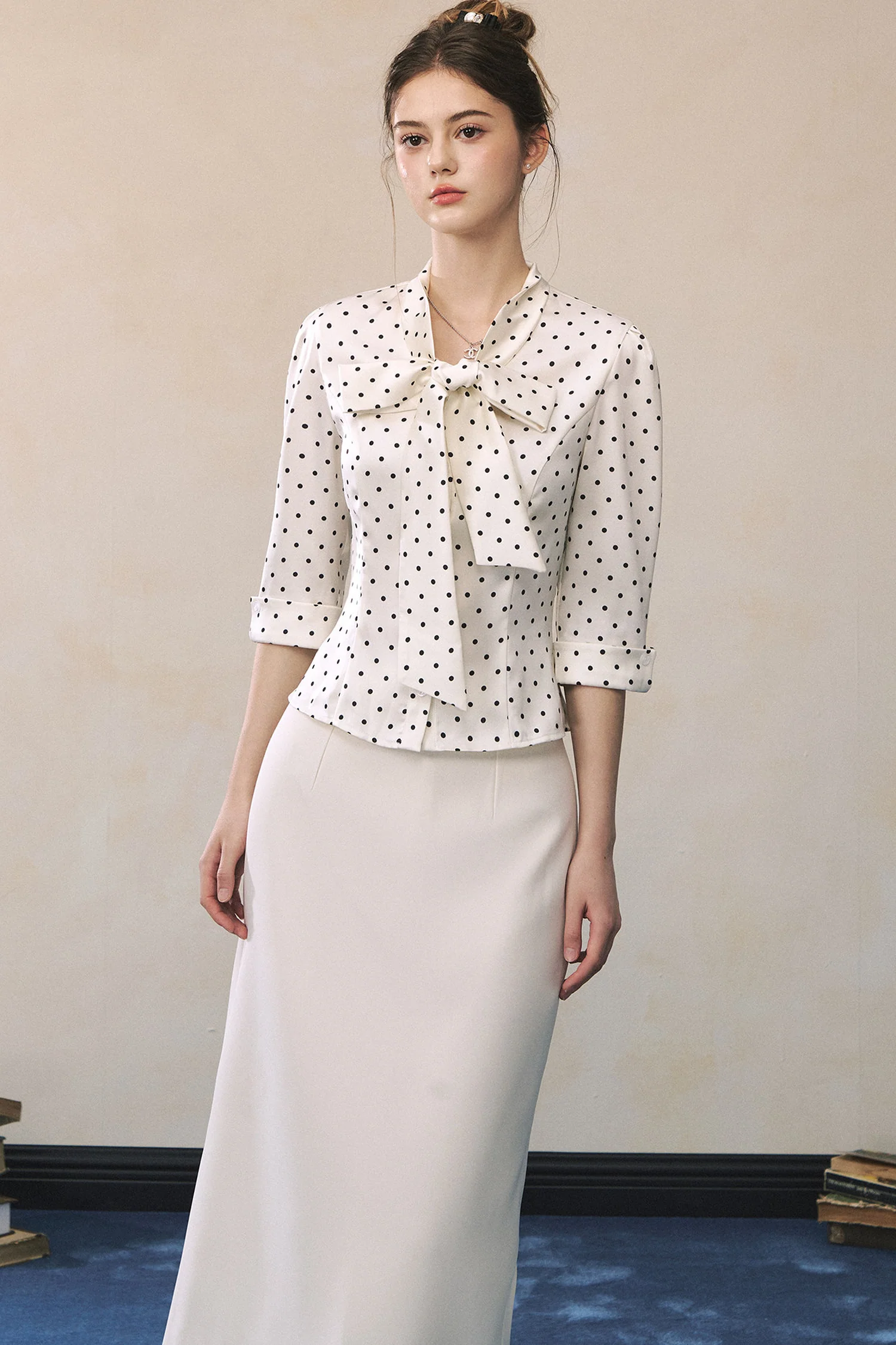 Polka Dot Satin Bow Tie Shirt and Skirt Set-UP