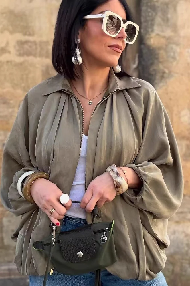 Oversized Puff Sleeve Bomber Jacket