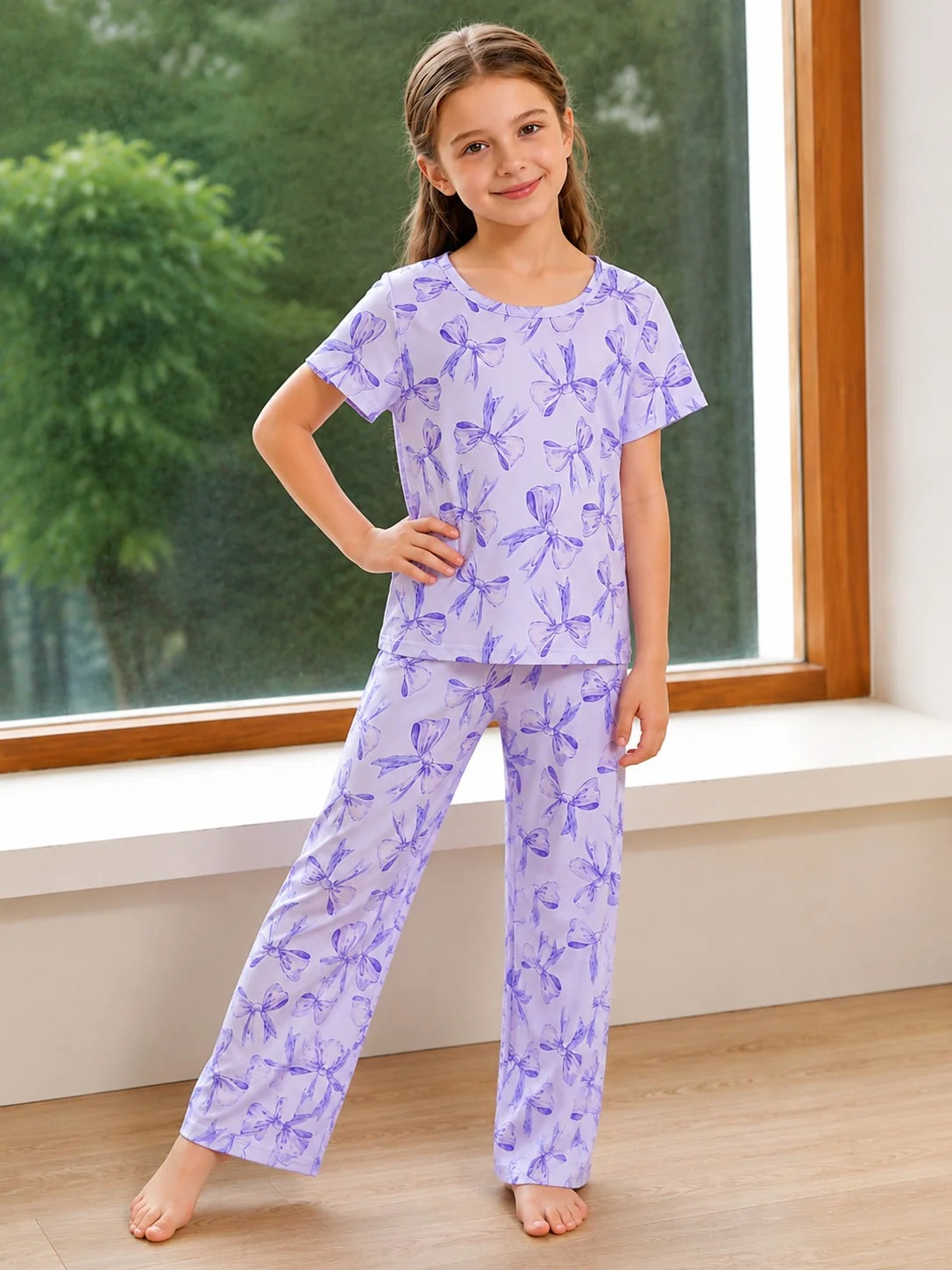 0000 Lilac All Over Bow Printed Half Sleeves T-shirt with Bow Printed Pajama Kids Suits