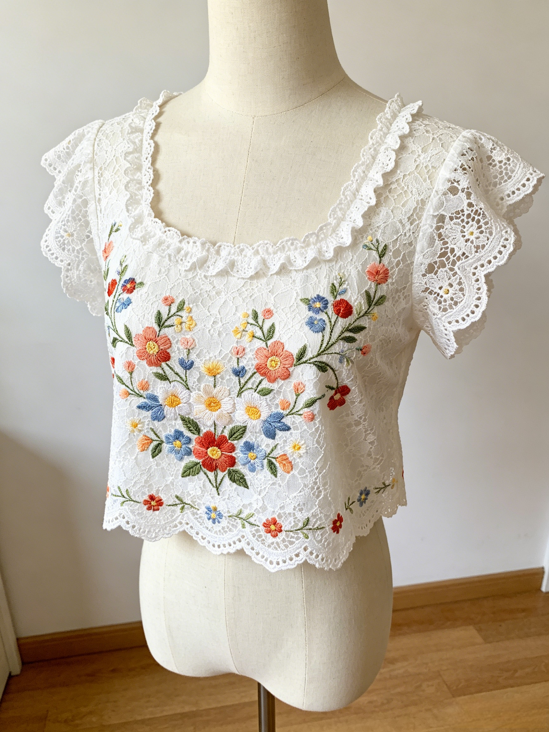 Flower Embroidered Cropped Lace Top