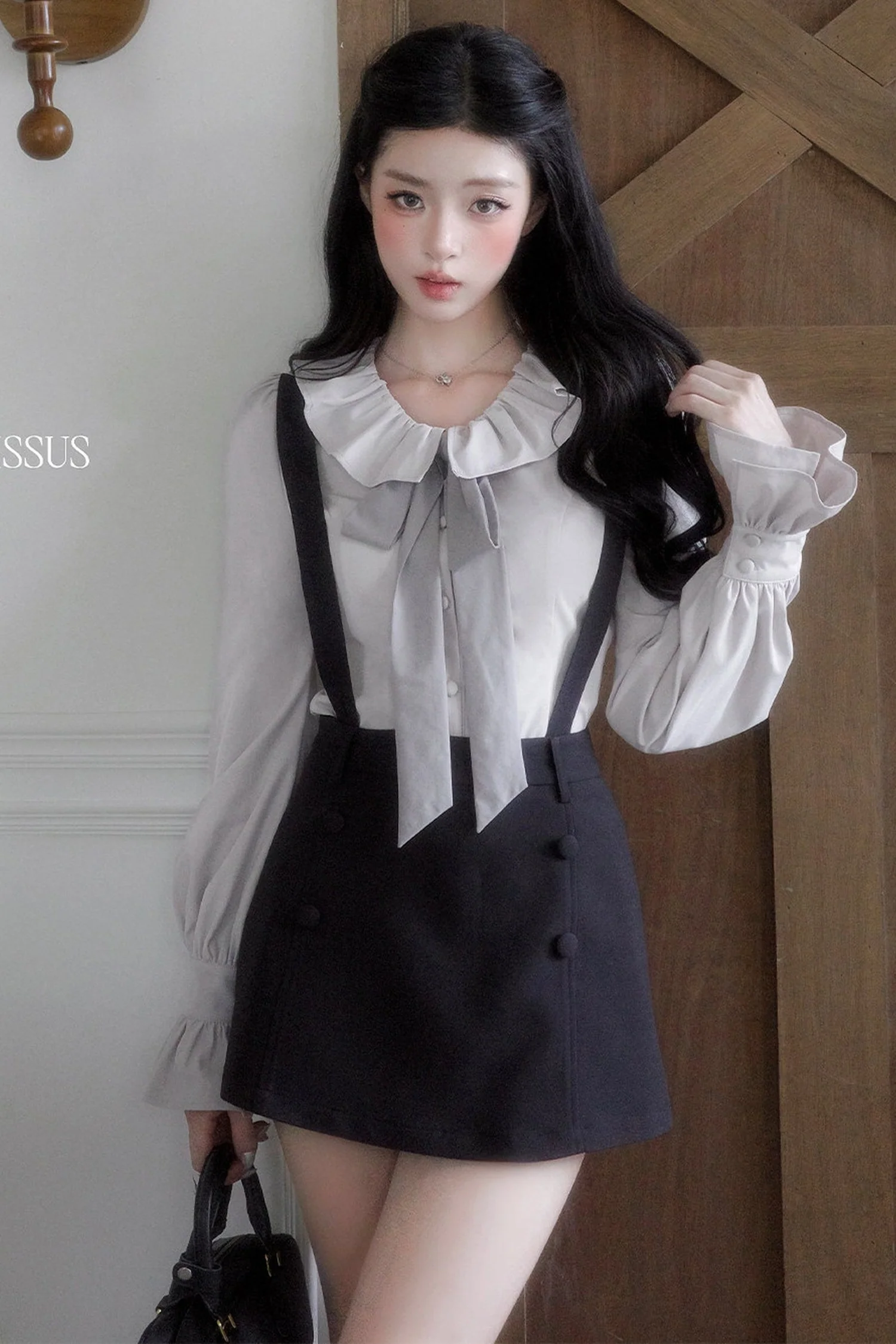 Collar Blouse And Suspender Skirt Set-Up