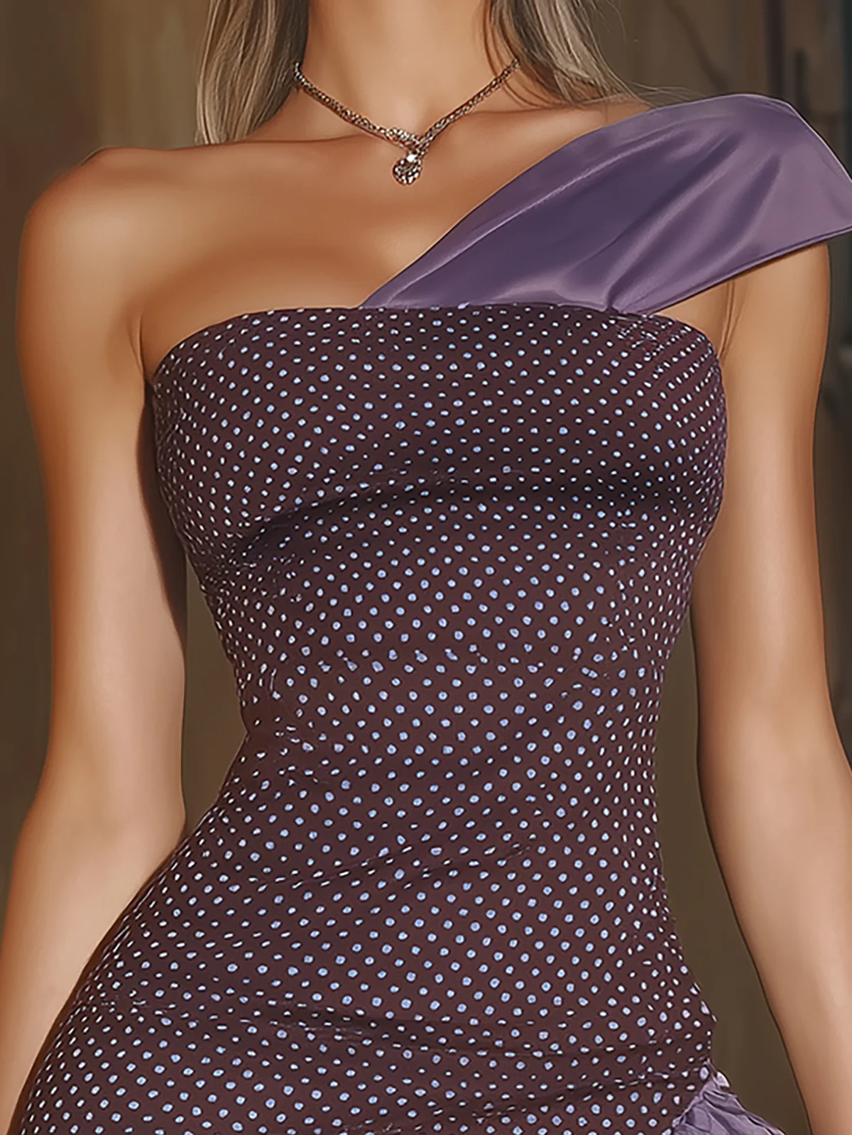 Purple Polka Dot One Shoulder Ruffle Dress
