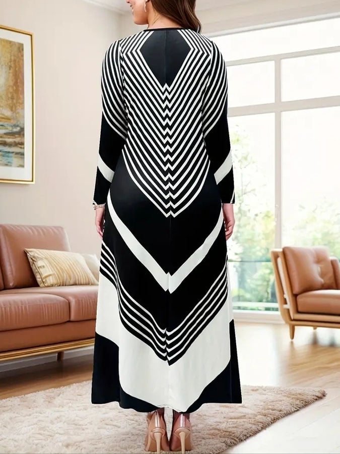 Women's Casual Contrast Color Printed Round Neck Long Sleeve Dress