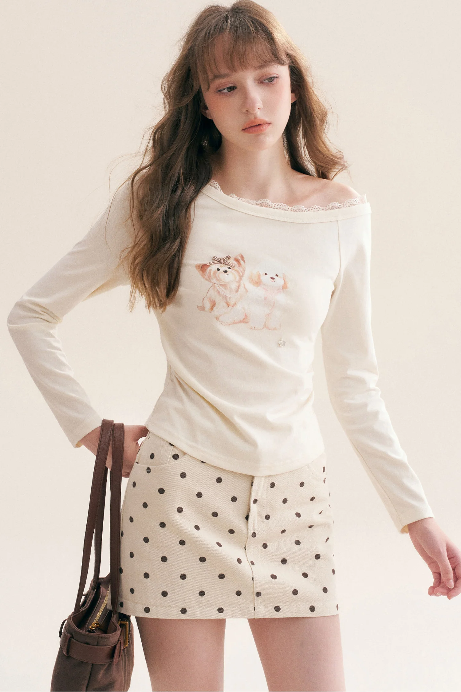 Hand-Painted Puppy Print Off-Shoulder Long-Sleeve T-Shirt
