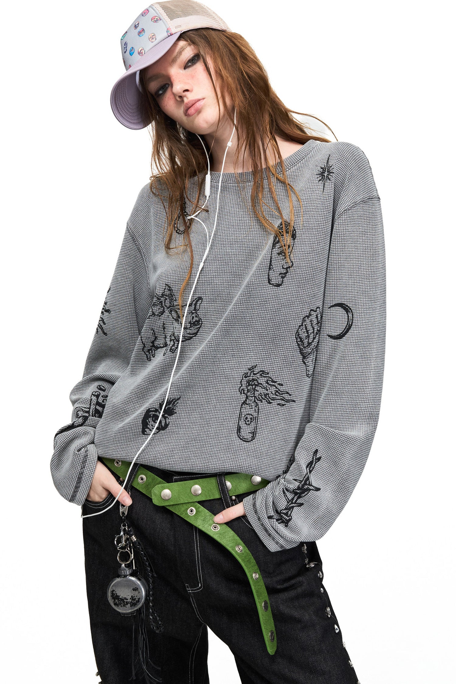 Skull Print Waffle Long-Sleeve T-Shirt