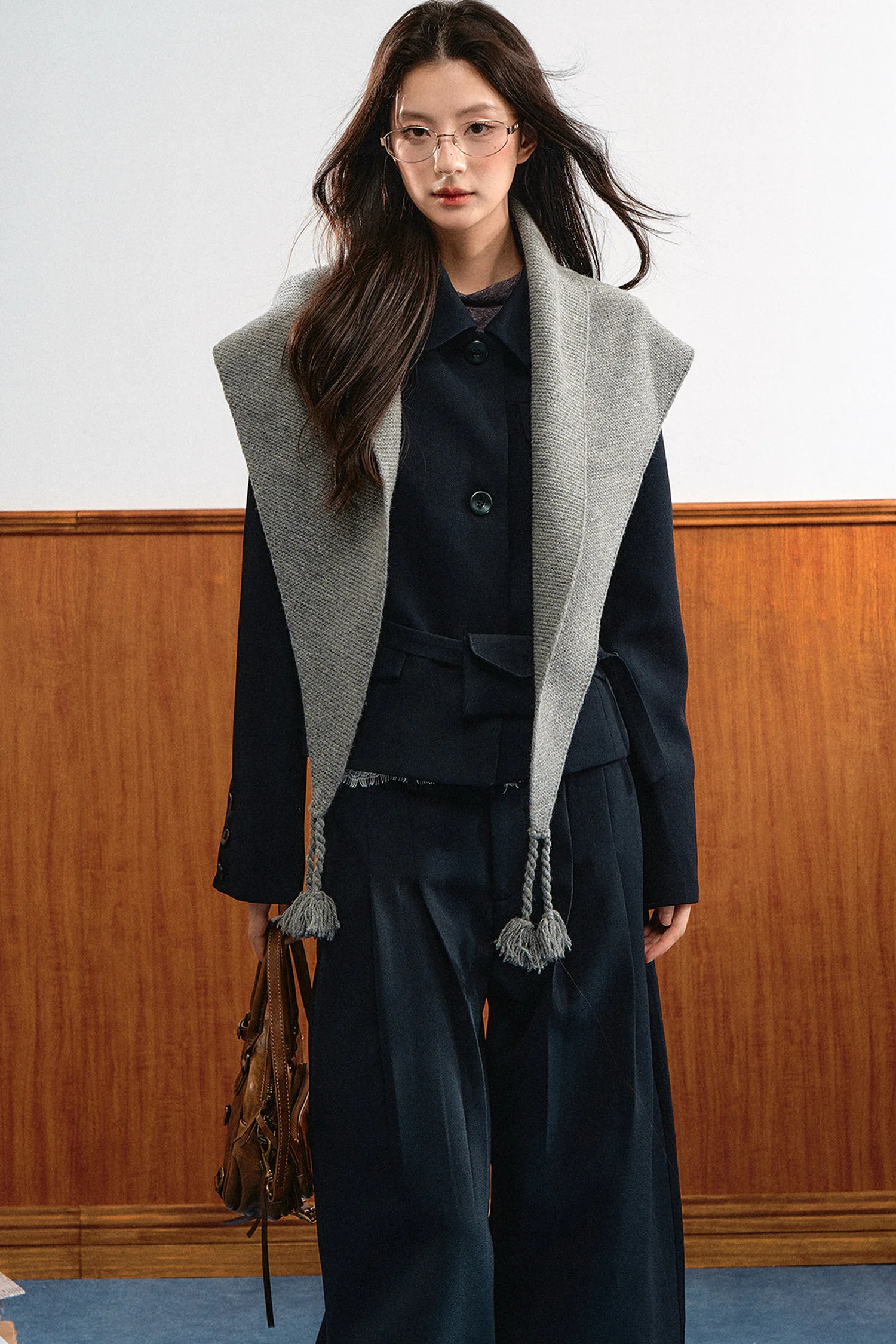 American Retro Lapel Top and Wide-Leg Pants Set-Up