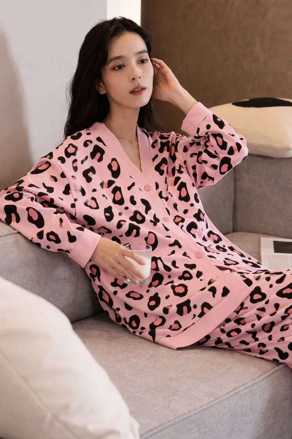 0001 Baby Pink Cheetah Printed Front Button Style For Her