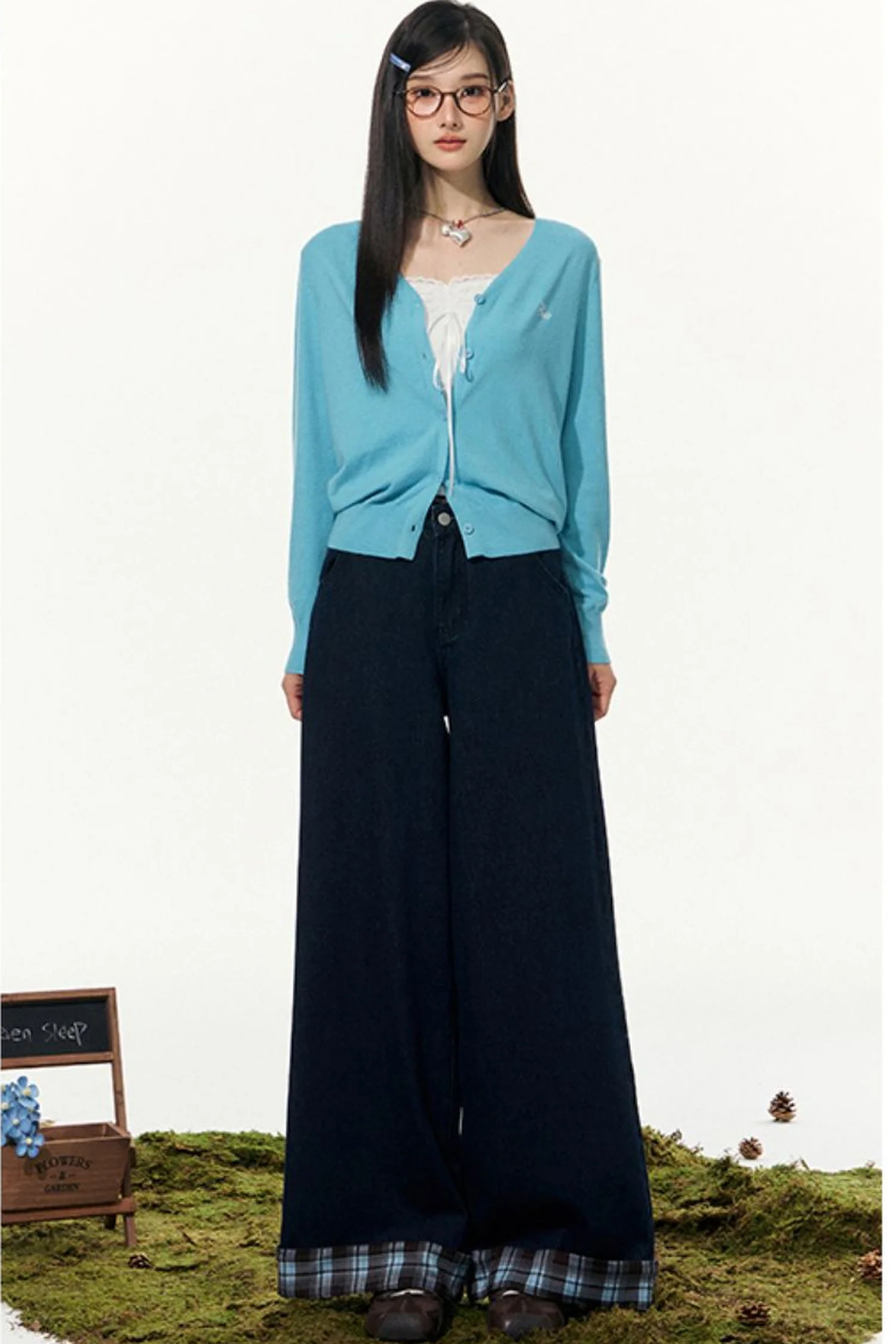 Plaid Wide-Leg Pants and Cardigan Set-Up