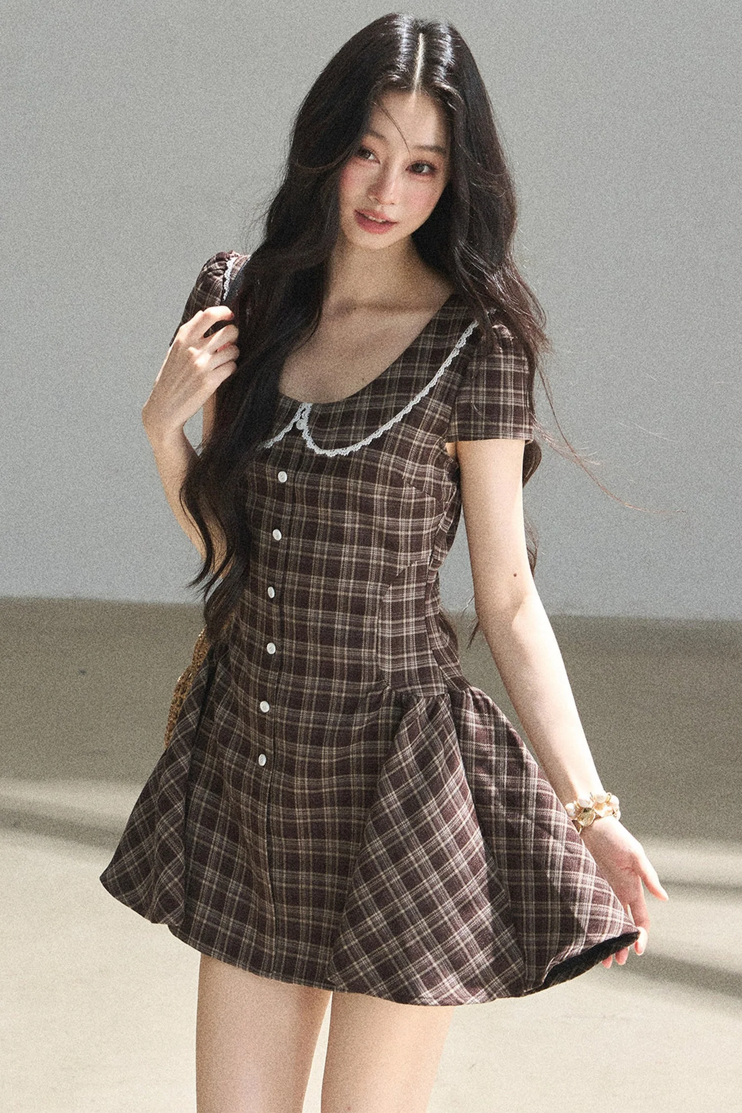 Chestnut Brown Plaid Puffy Dress