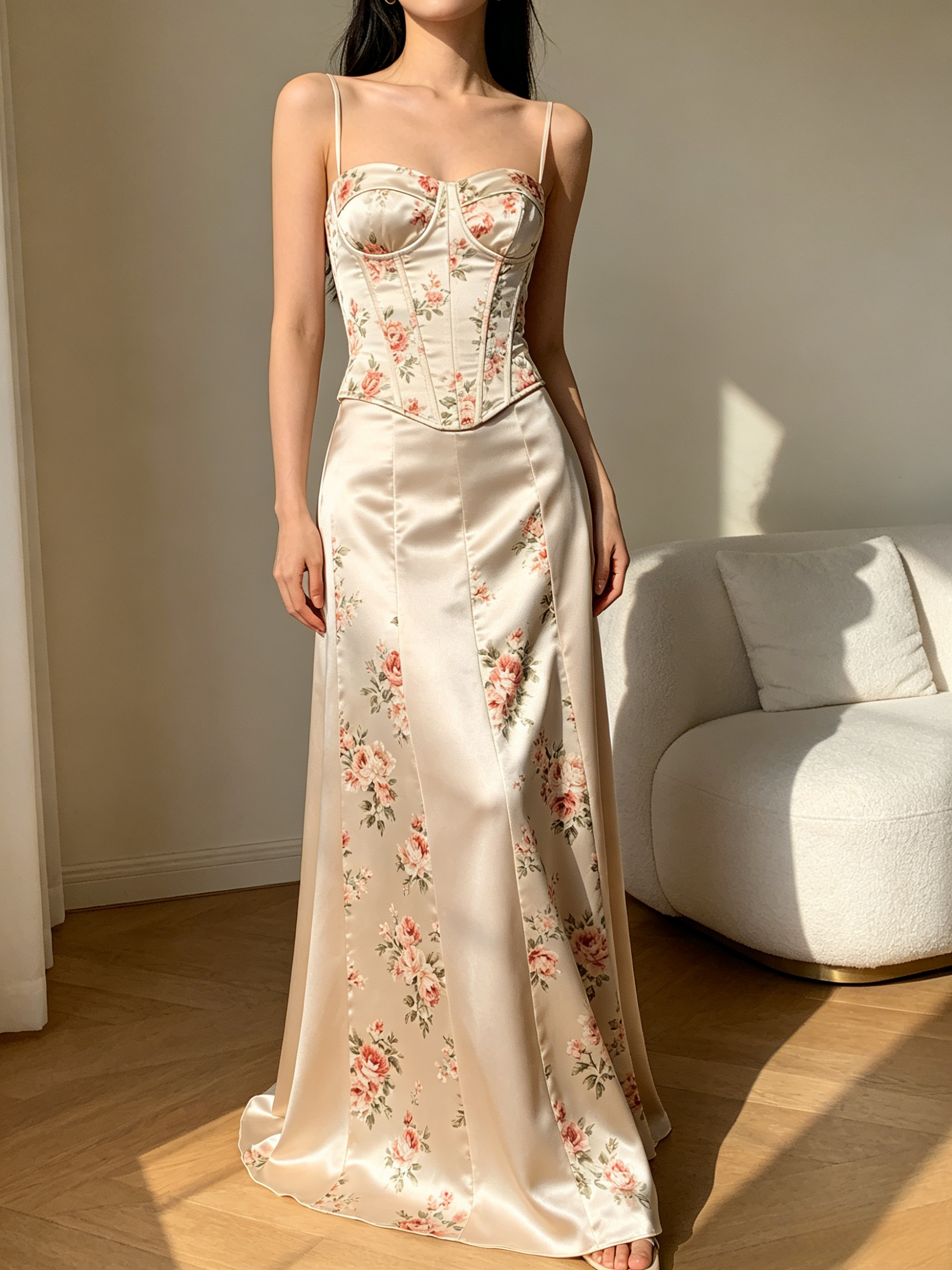 Satin Skirt Panel Floral Corset Maxi Dress