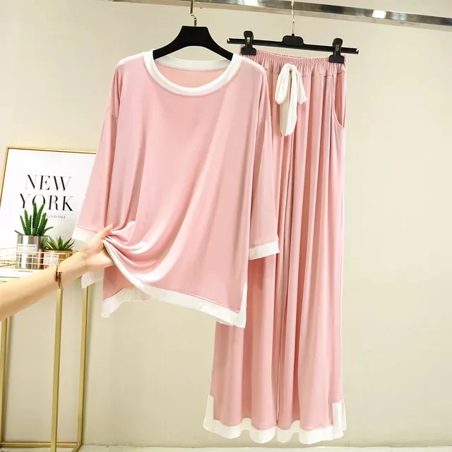 0002 Baby Pink Plain Flapper With Plazzo Trouser Night Suit