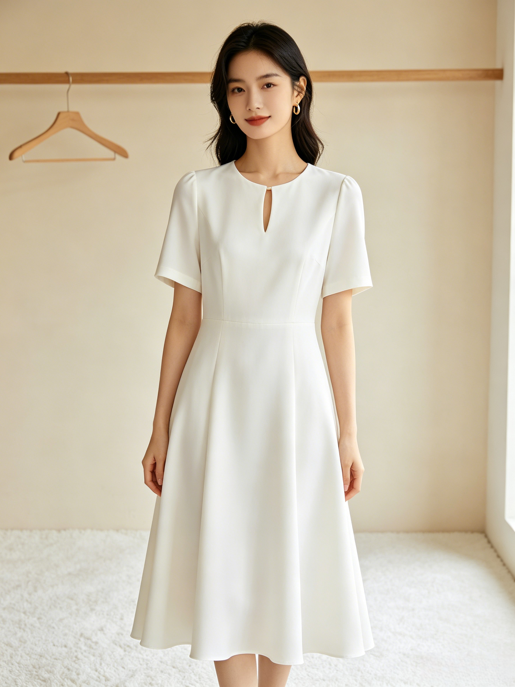 Cap Sleeved Keyhole Neckline Flared Midi Dress