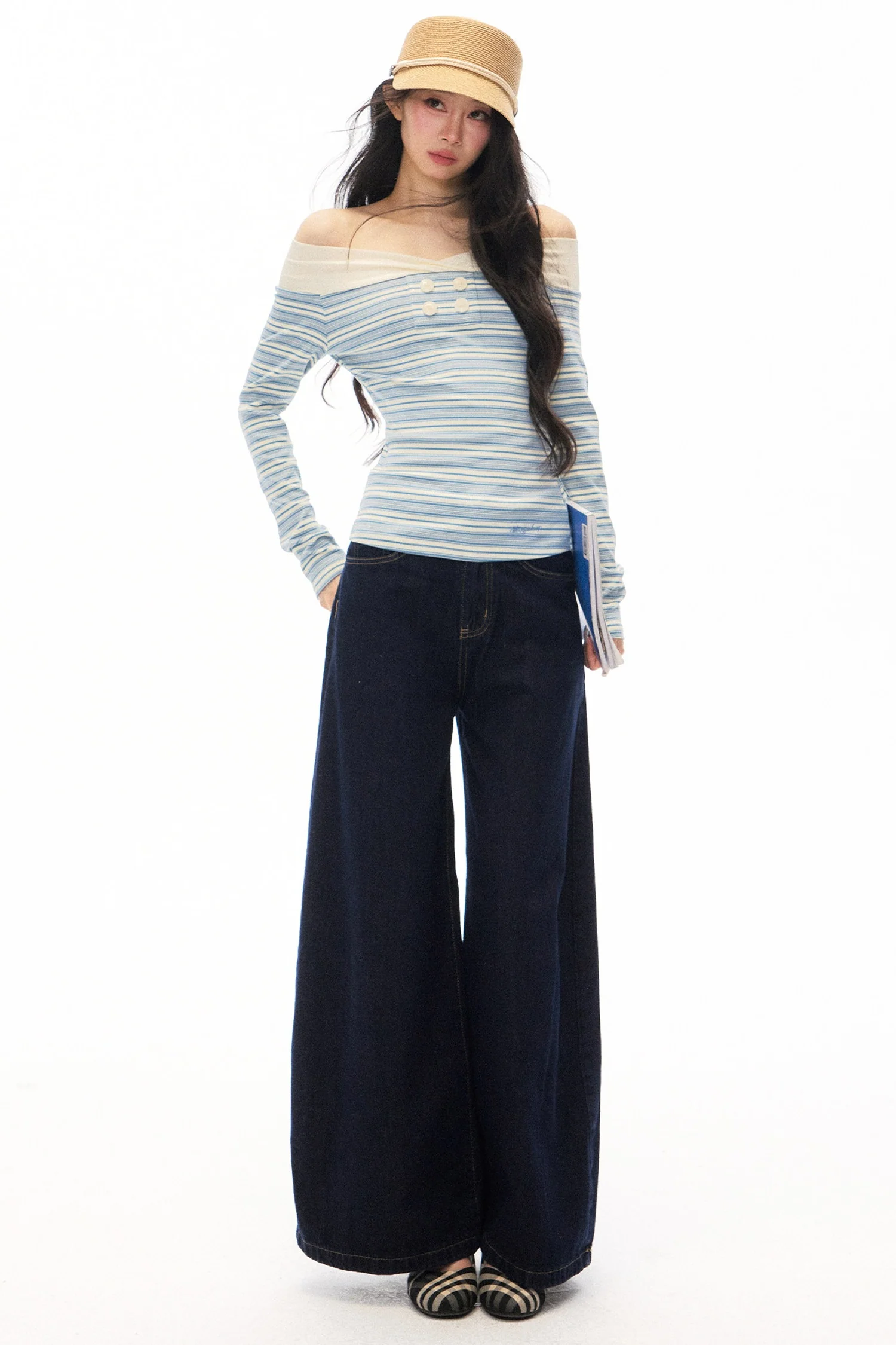 Striped Off-Shoulder Knit Top and Jeans Set-Up