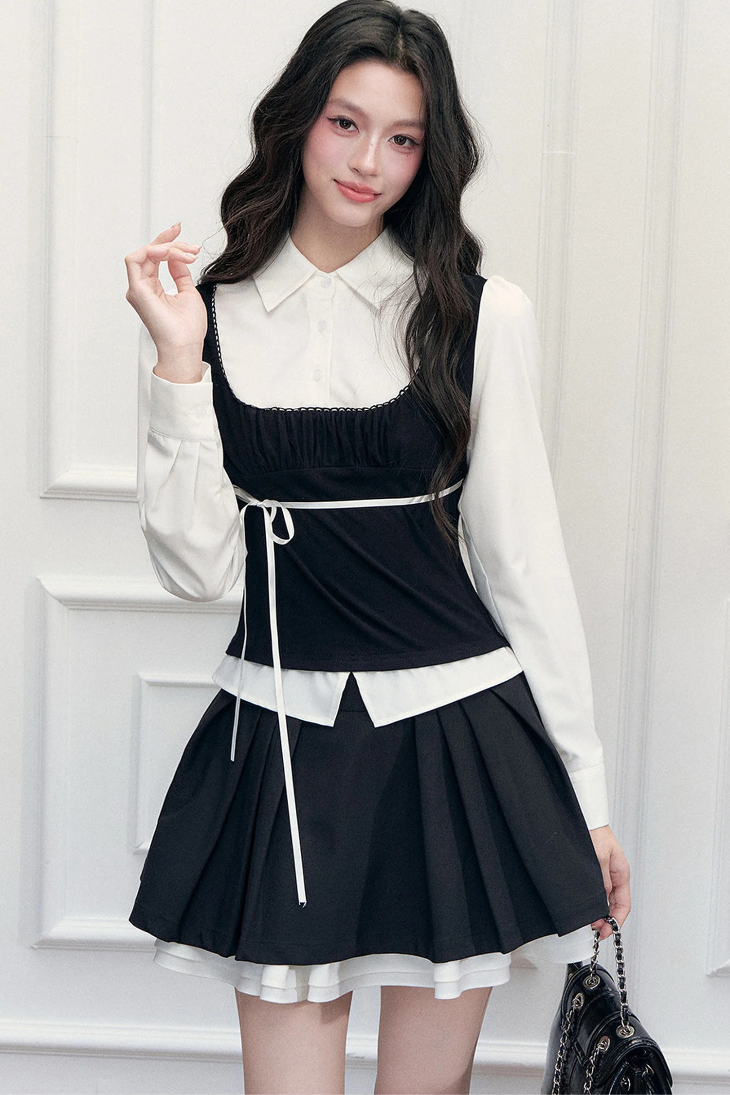 Retro Bow Layered-Look Top and Black Short Skirt Set-Up