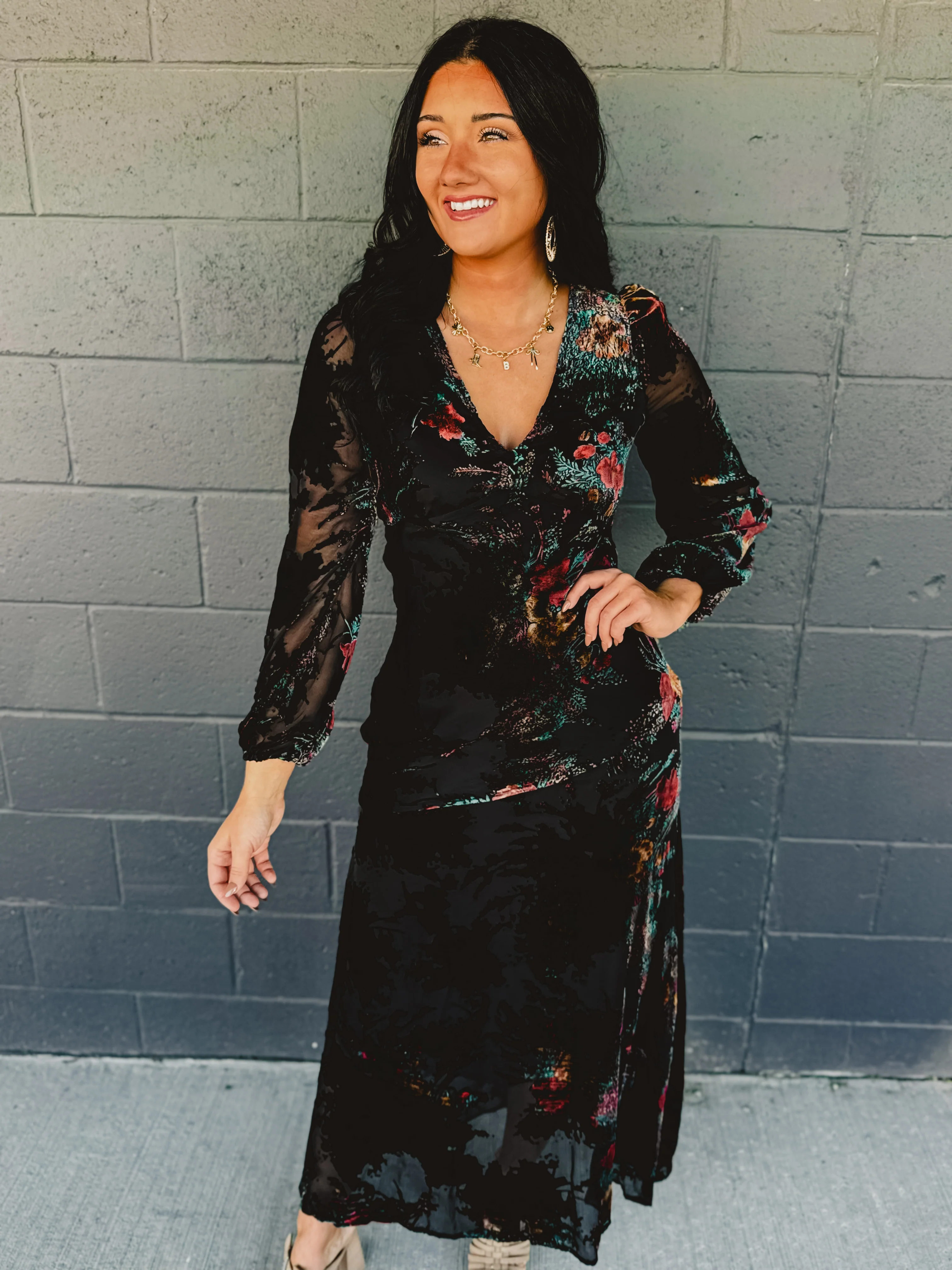 Velvet Long Sleeve Maxi Dress - Red Rose Gold