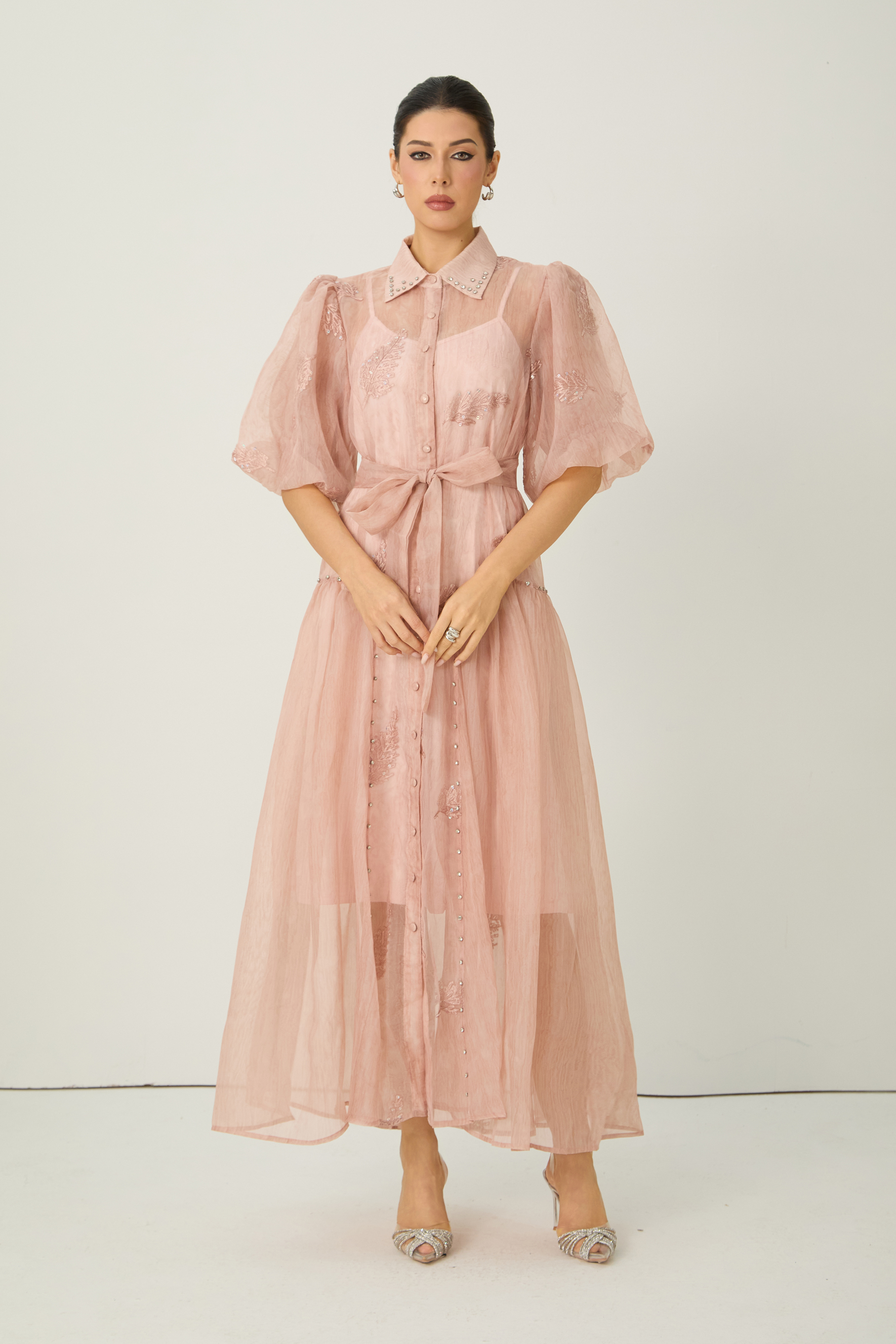 Dreamy Personality Pink Puff Sleeve Embroidered Maxi Dress