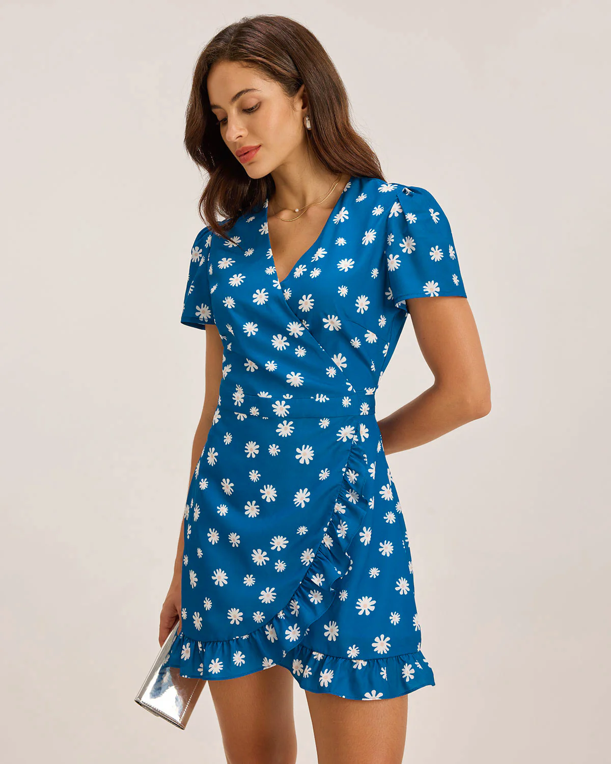 Blue Floral A-Line Wrap Mini Dress