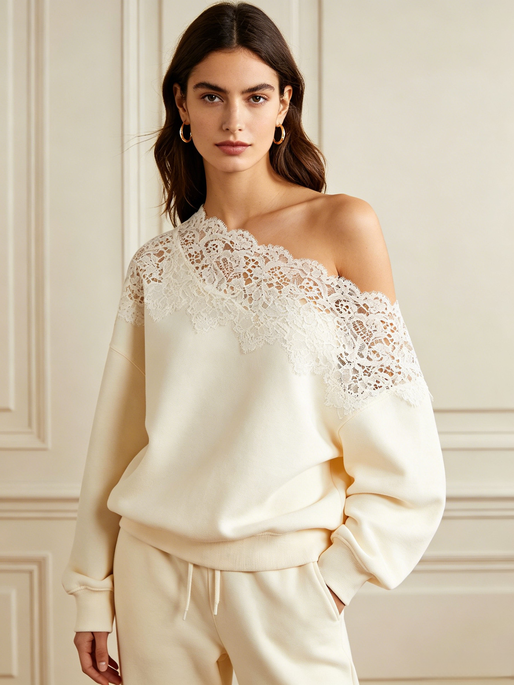 Paris Pictorial One-Shoulder Lace Sweatshirt Set-Up