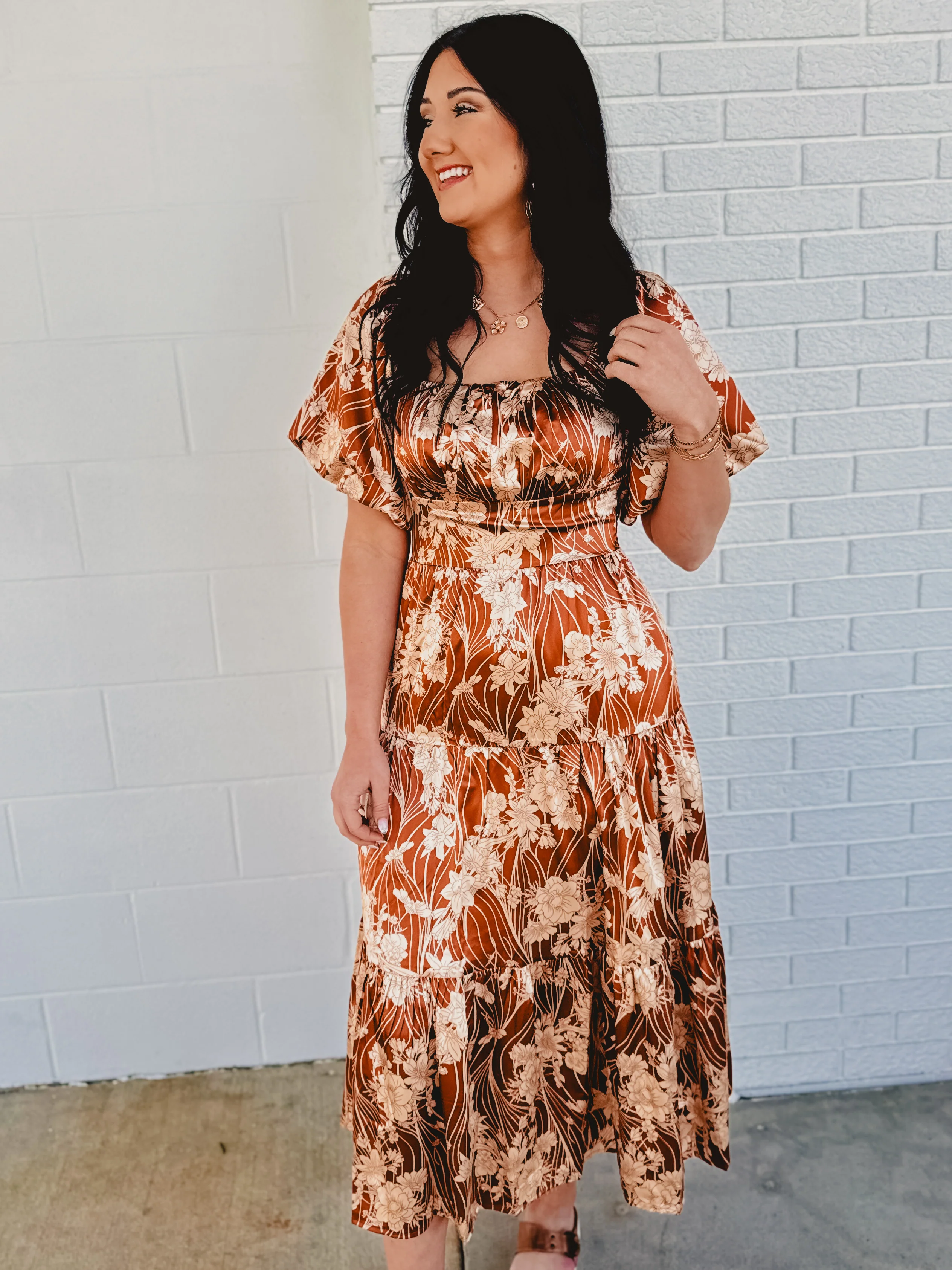 Puff Sleeve Floral Silky Maxi Dress - Butterscotch