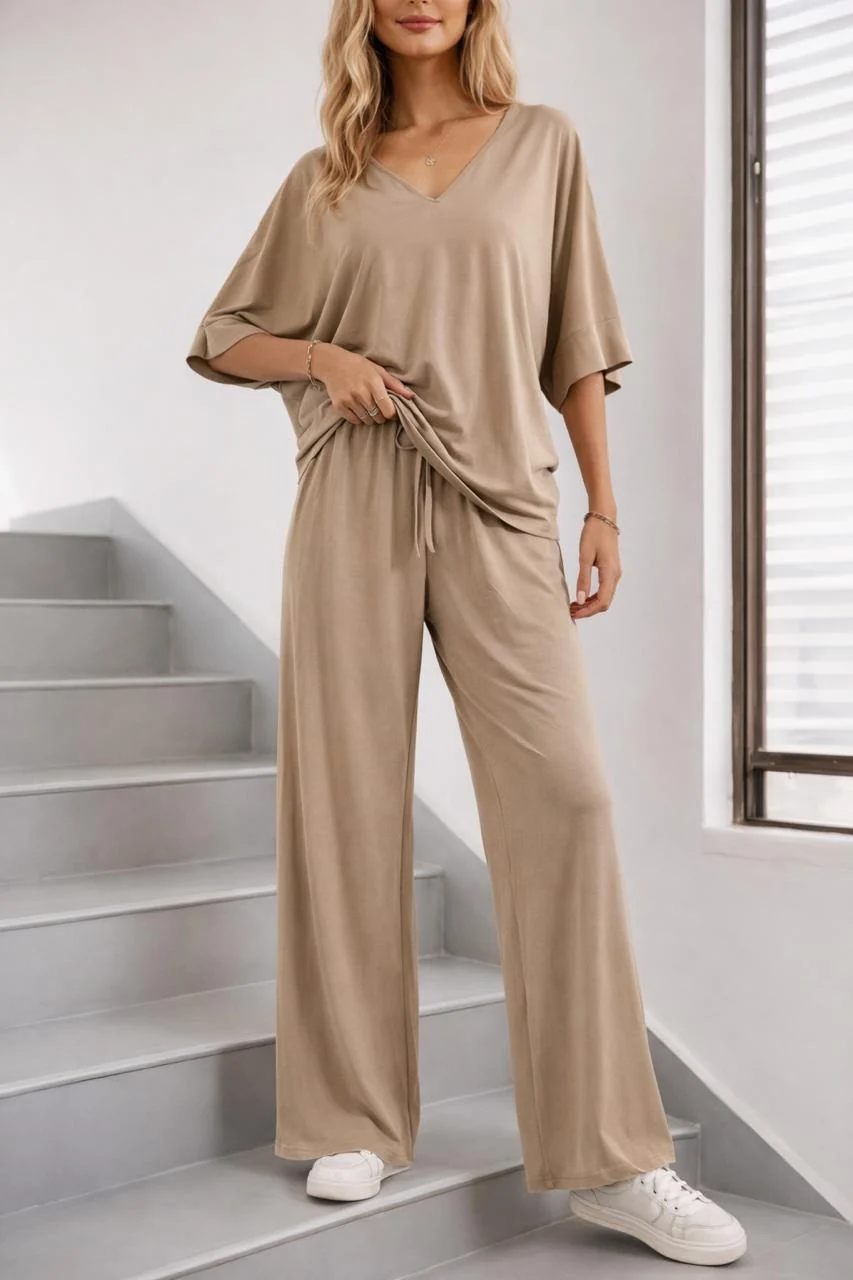 0000 Skin V-Neck Baggie Style Down Should Half Sleeves With Matching Plazzo Style Loose Trouser.