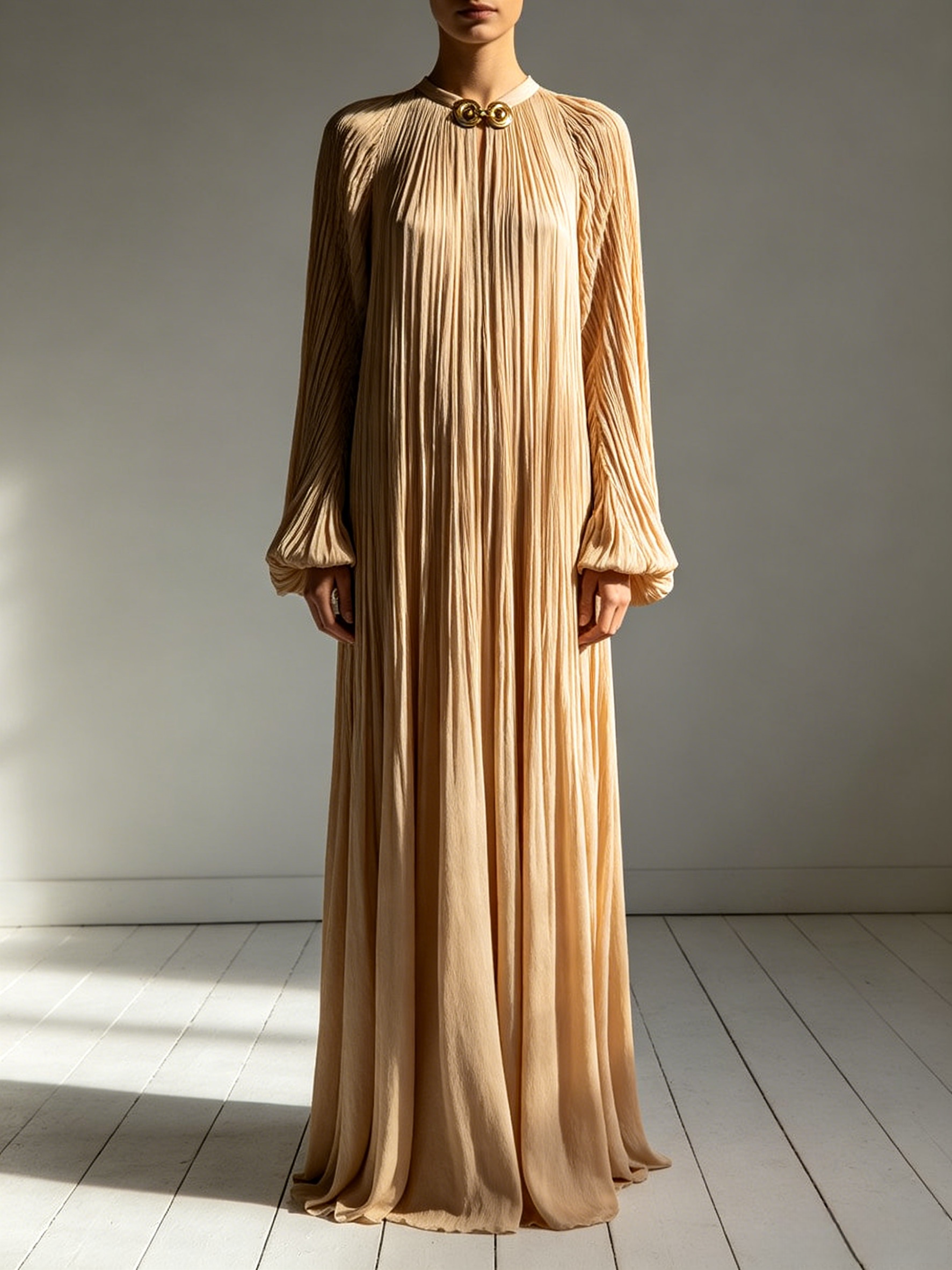 Metal Buckle Long Sleeve Ruched Maxi Dress