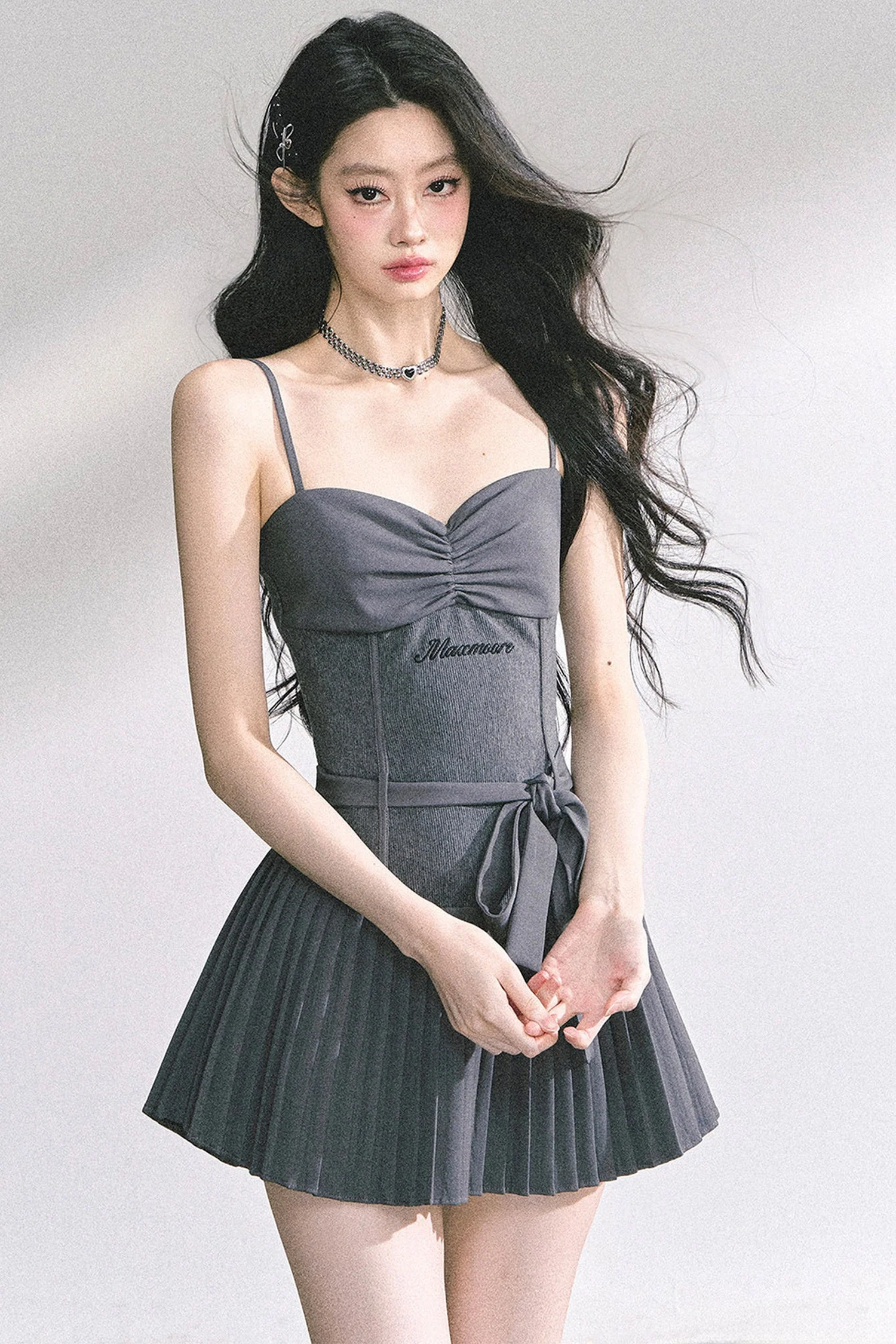Gray Spaghetti Strap Puffy Dress