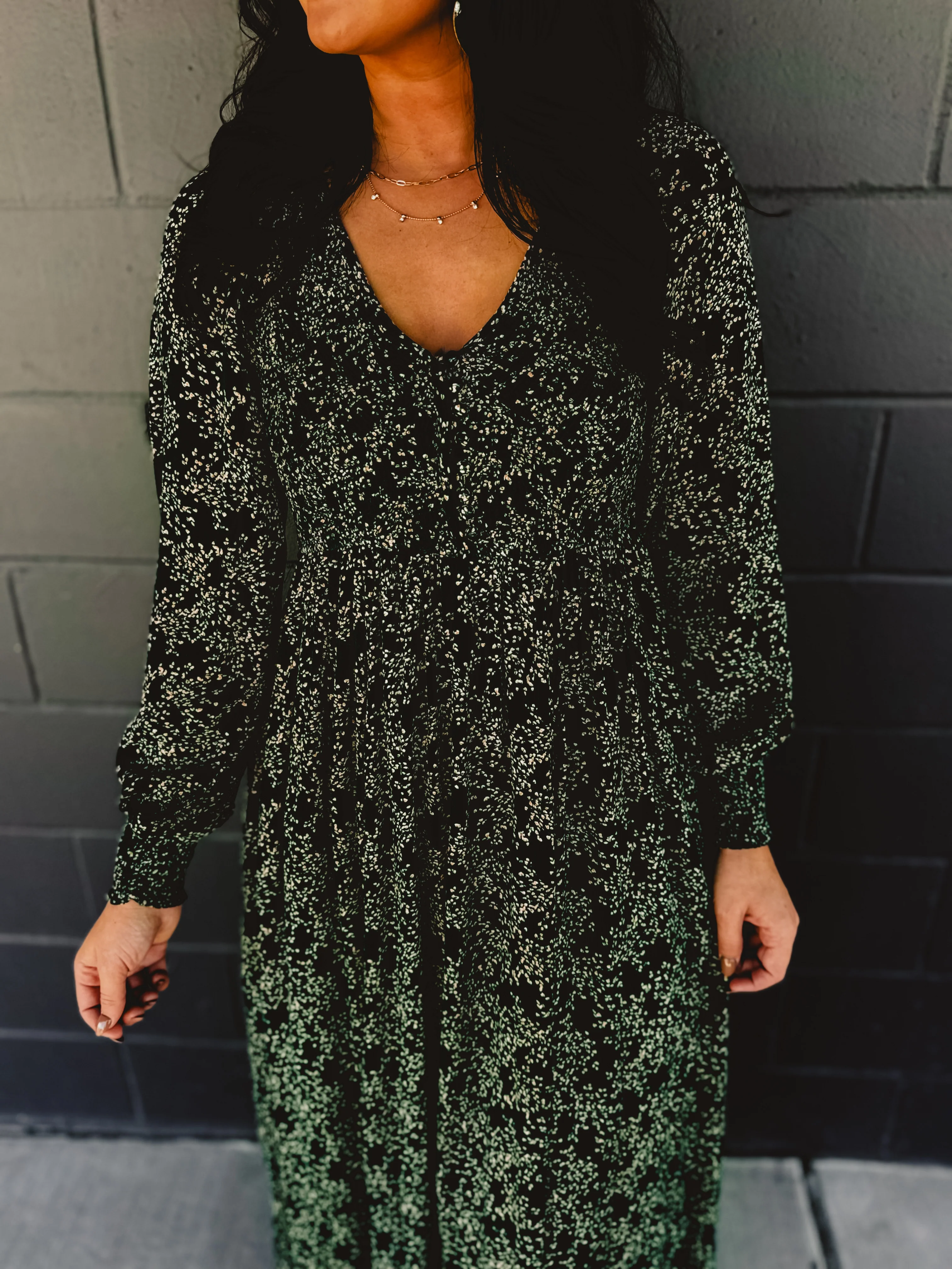 Smocked Long Sleeve Floral Maxi Dress - Forest Green
