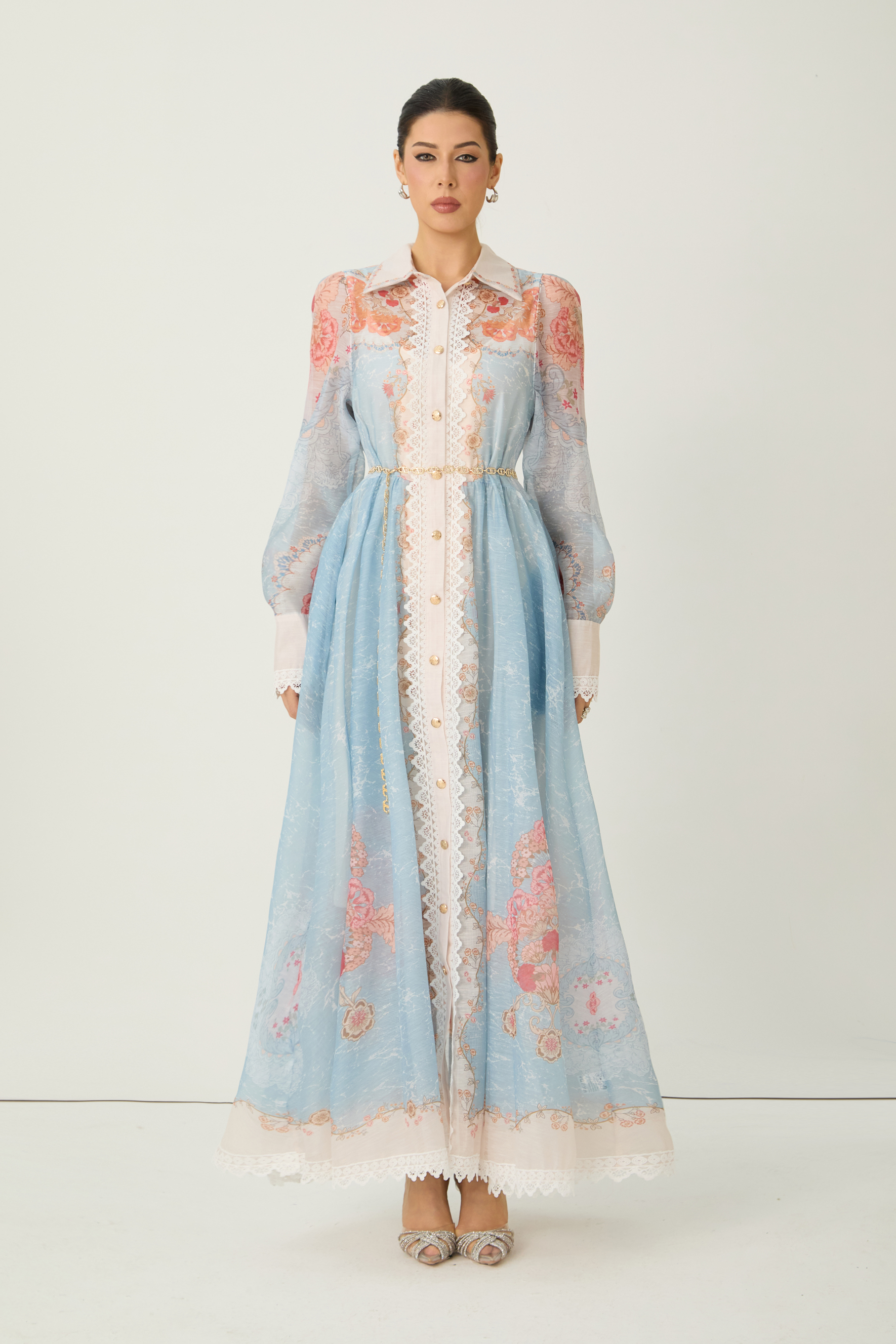 Always Enchanting Blue Floral Print Lace Trim Maxi Dress