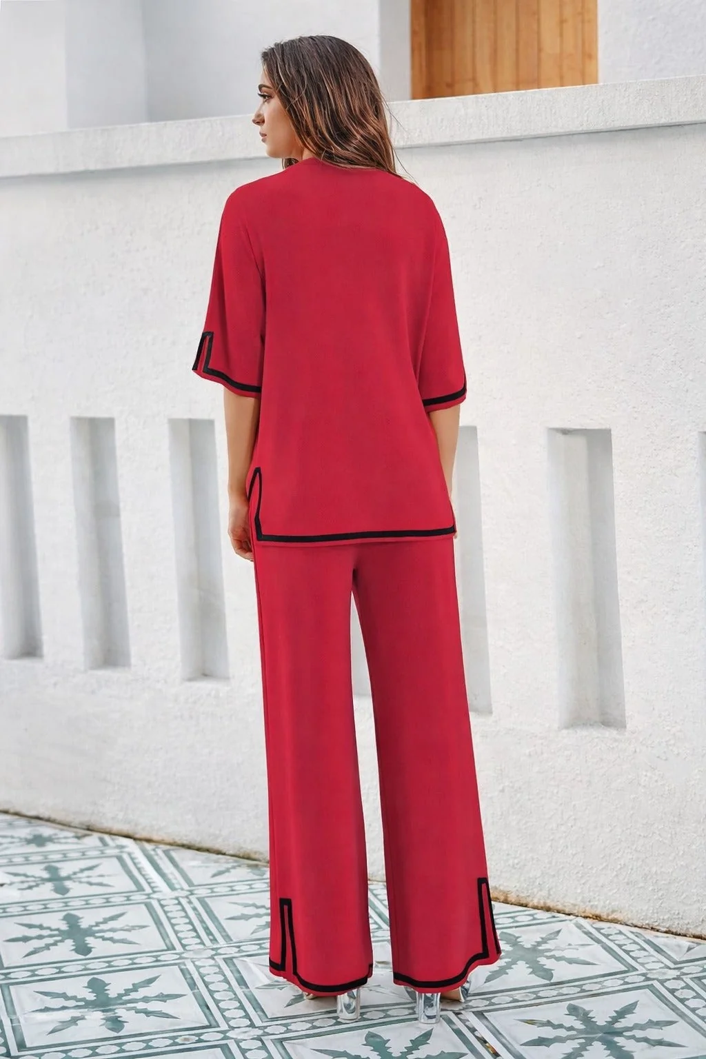 0000 Red Black Pipin Round Neck Baggie Style Half Sleeves With Matching Plazzo Style Loose Trouser