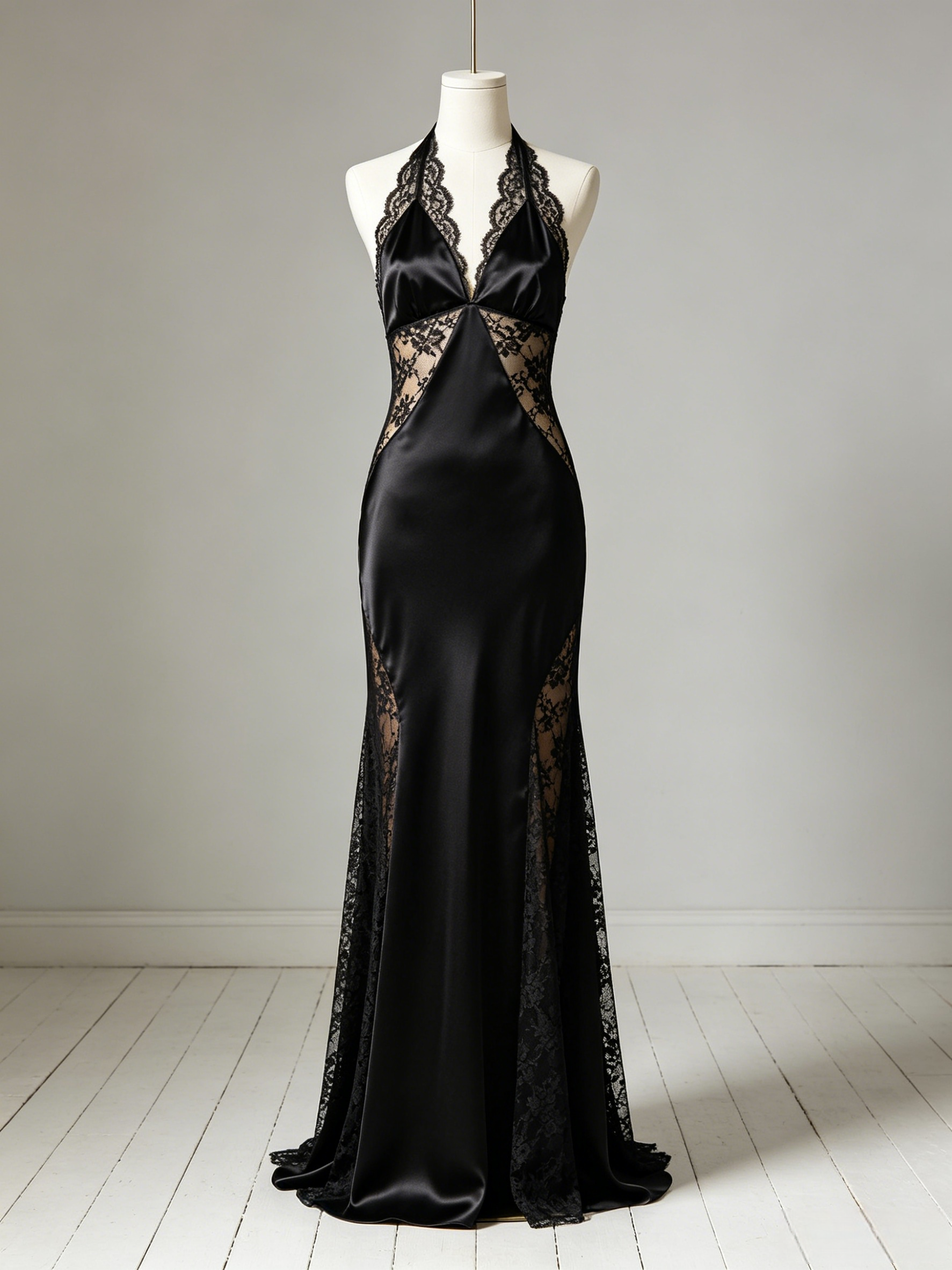 Lace Paneled Satin Halter Backless Maxi Dress