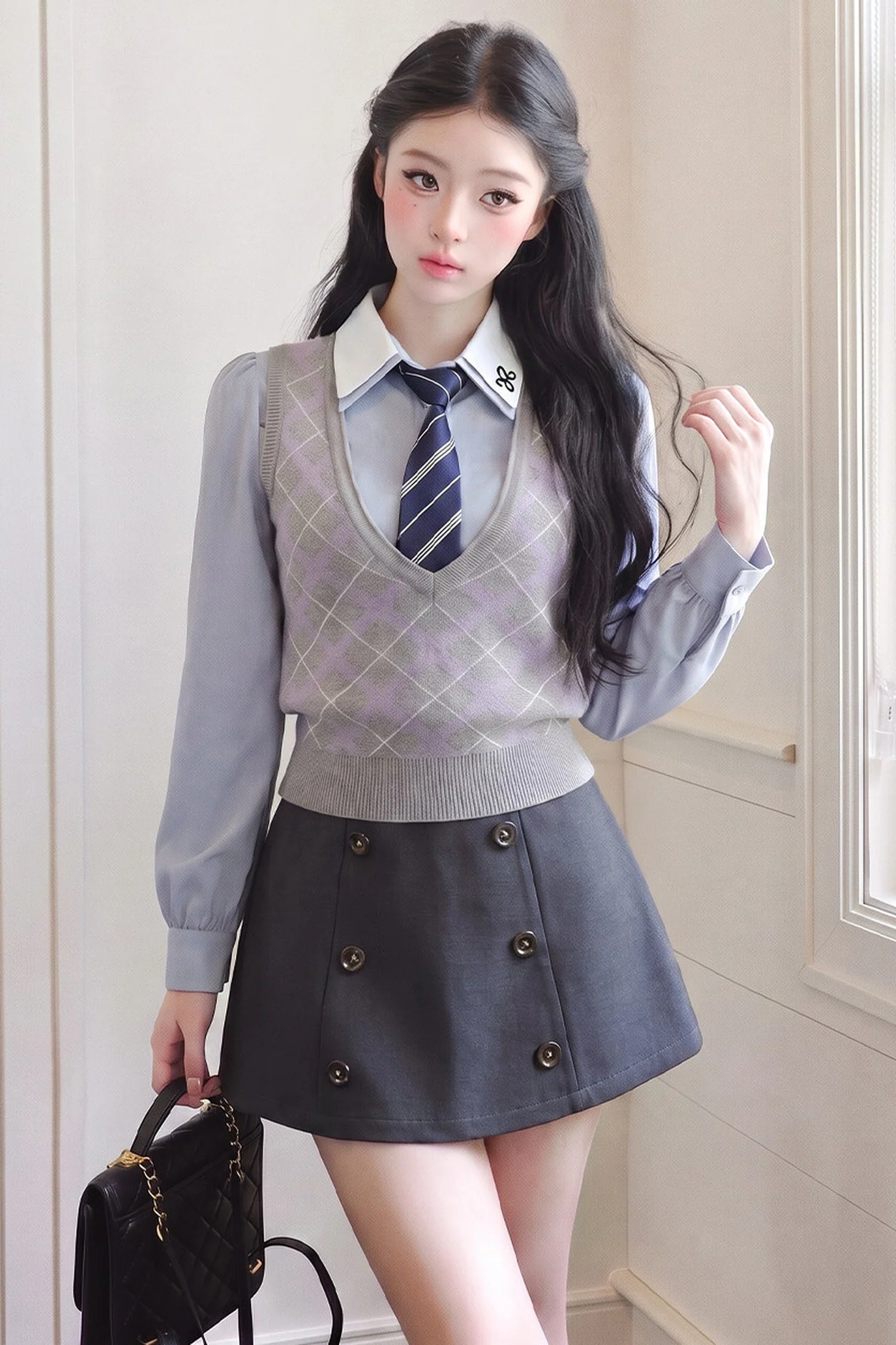Plaid Vest, Long-Sleeve Shirt and Skirt Set-Up