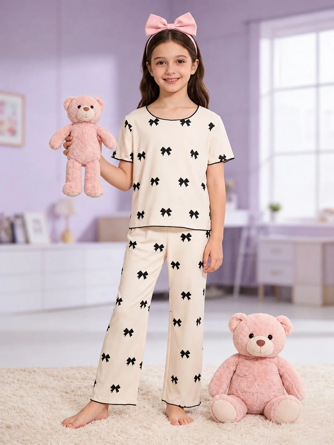 0000 Cream Black Bow Printed Half Sleeves T-shirt with Bow Printed Pajama Kids Suits