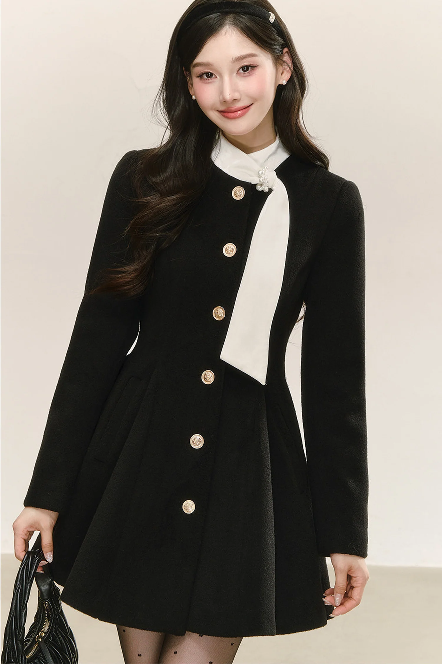 Black Woolen Puffy Coat Dress