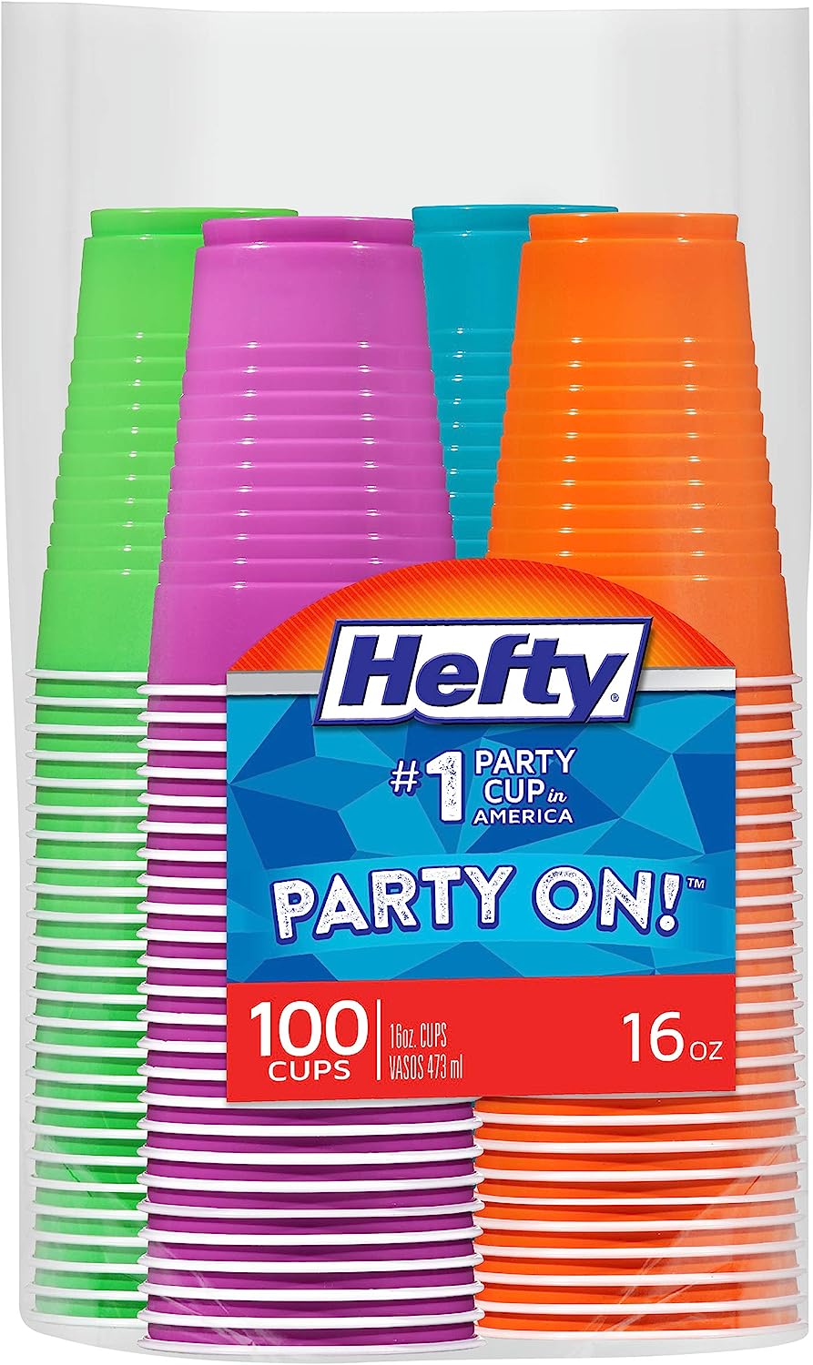 Disposable Plastic Cups, Assorted, 16 Ounce, 100 Count