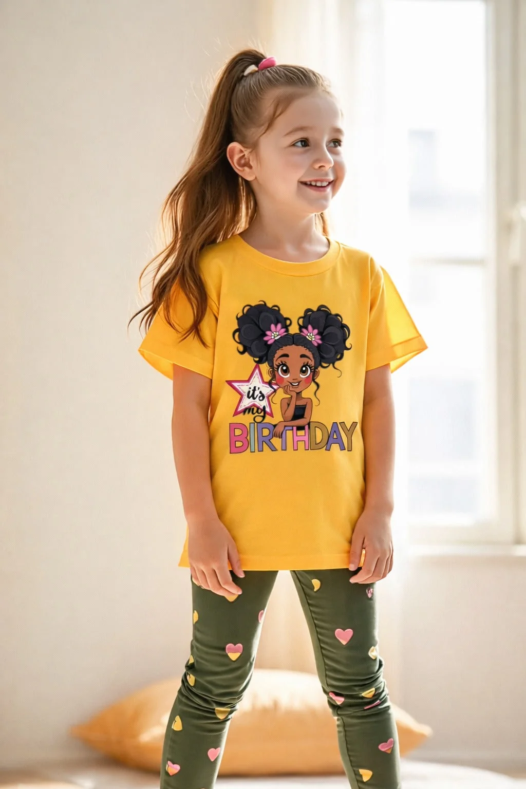 0001 Yellow Birthday Girl Printed Half Sleeves T-shirt with heart Printed Pajama Kids Suits