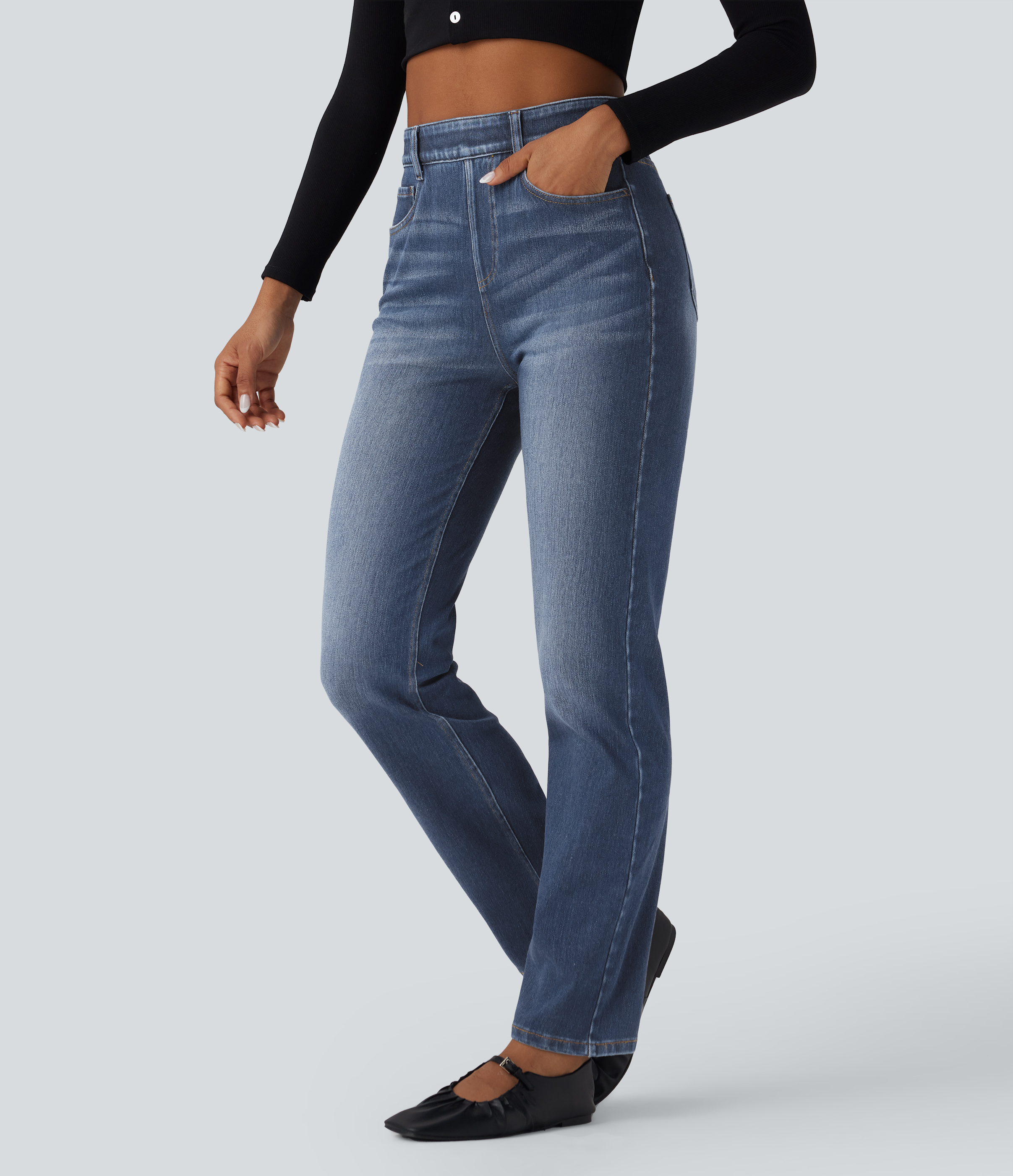 High Waisted Tummy Control Washed Casual Slim Jeans with Pockets