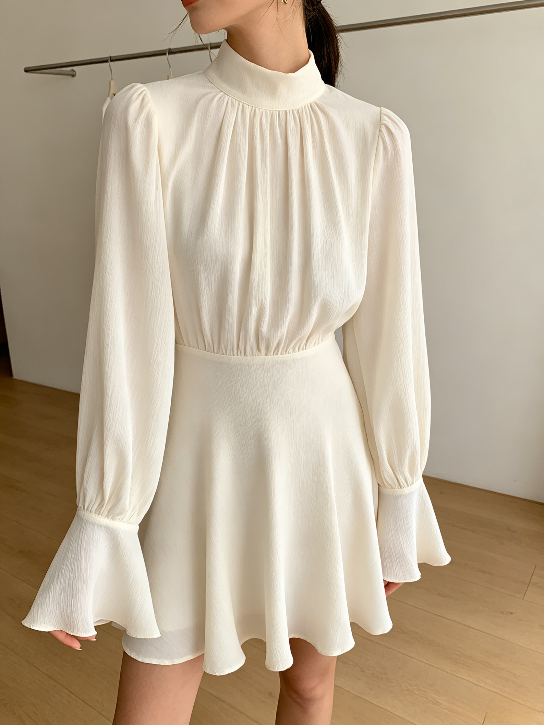 Mock Neck Long-Sleeve Flared Mini Dress