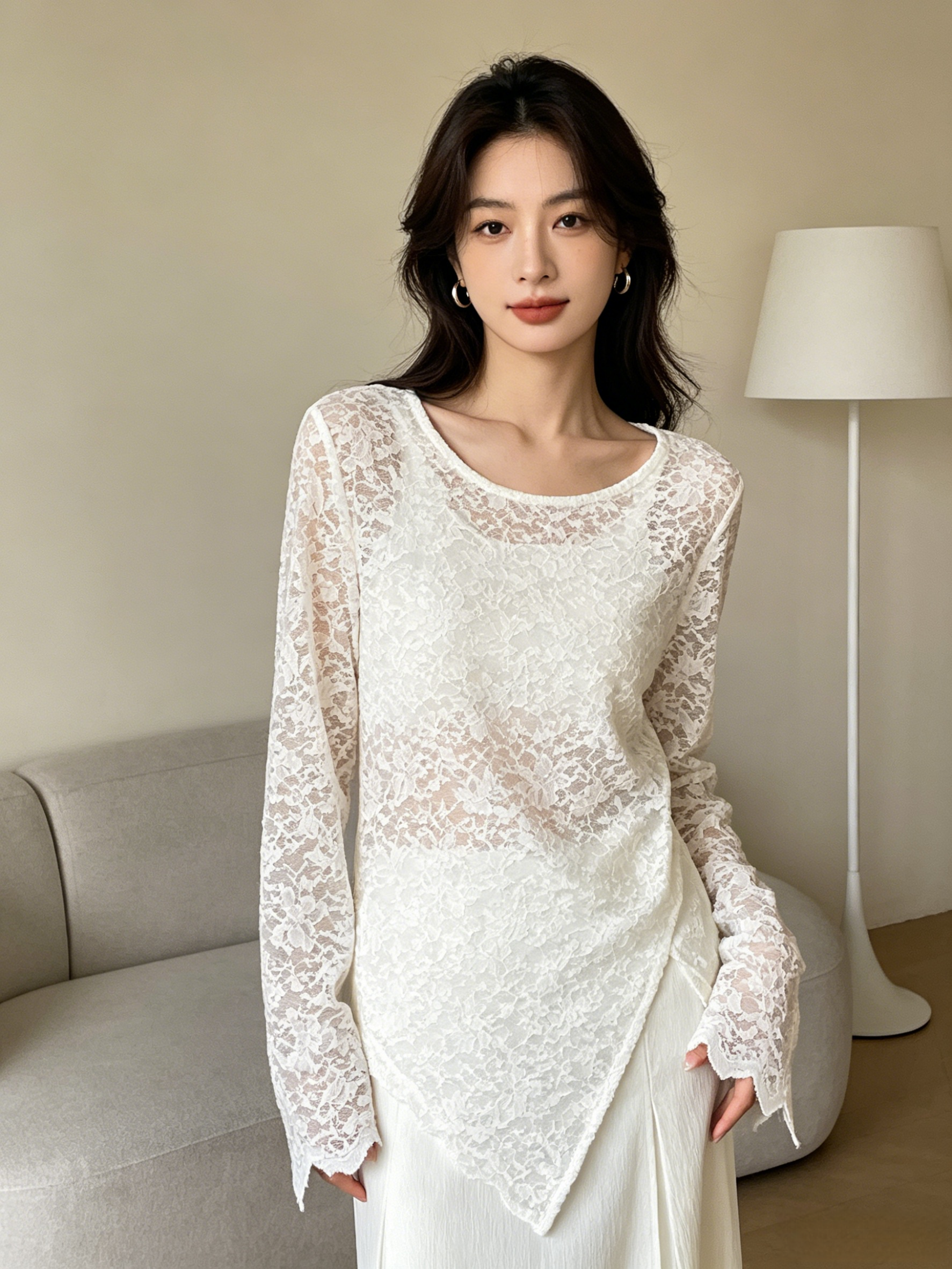 Women's Lace Irregular Long-Sleeve Top