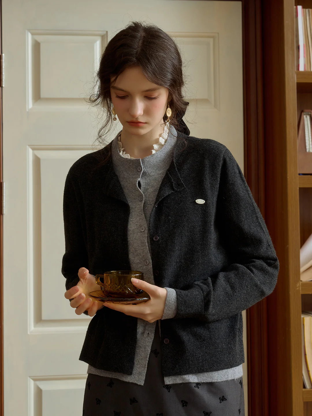 Round Neck Contrast Color Faux Two-Piece 100% Wool Cardigan - Black Gray