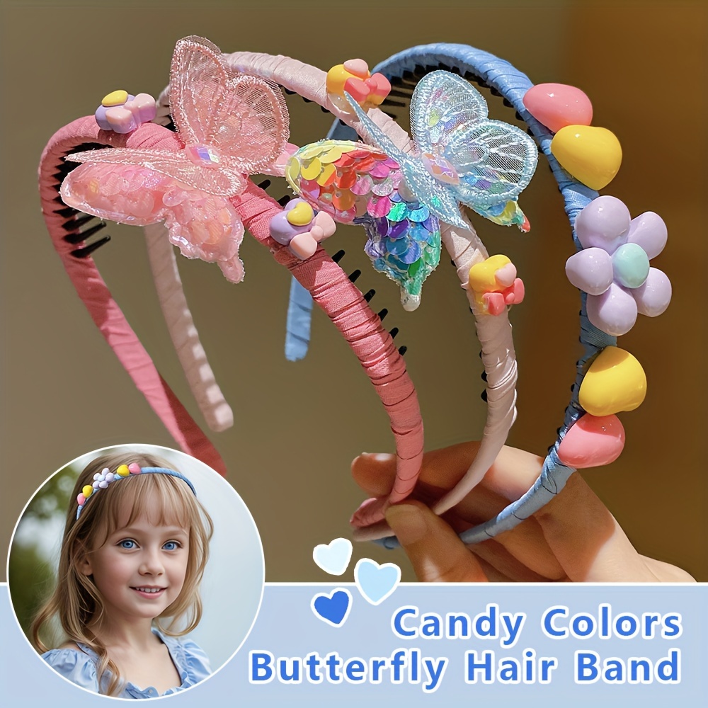 3pcs LEMON LOVEO Colorful Butterfly Hair Bands for Girls - Non-Slip, Comfort Fit Headbands with Resin & Polyester, All-Season Versatility, Mixed Colors - Ideal for Preventing Hair Slipping, Hair Accessories for Girls