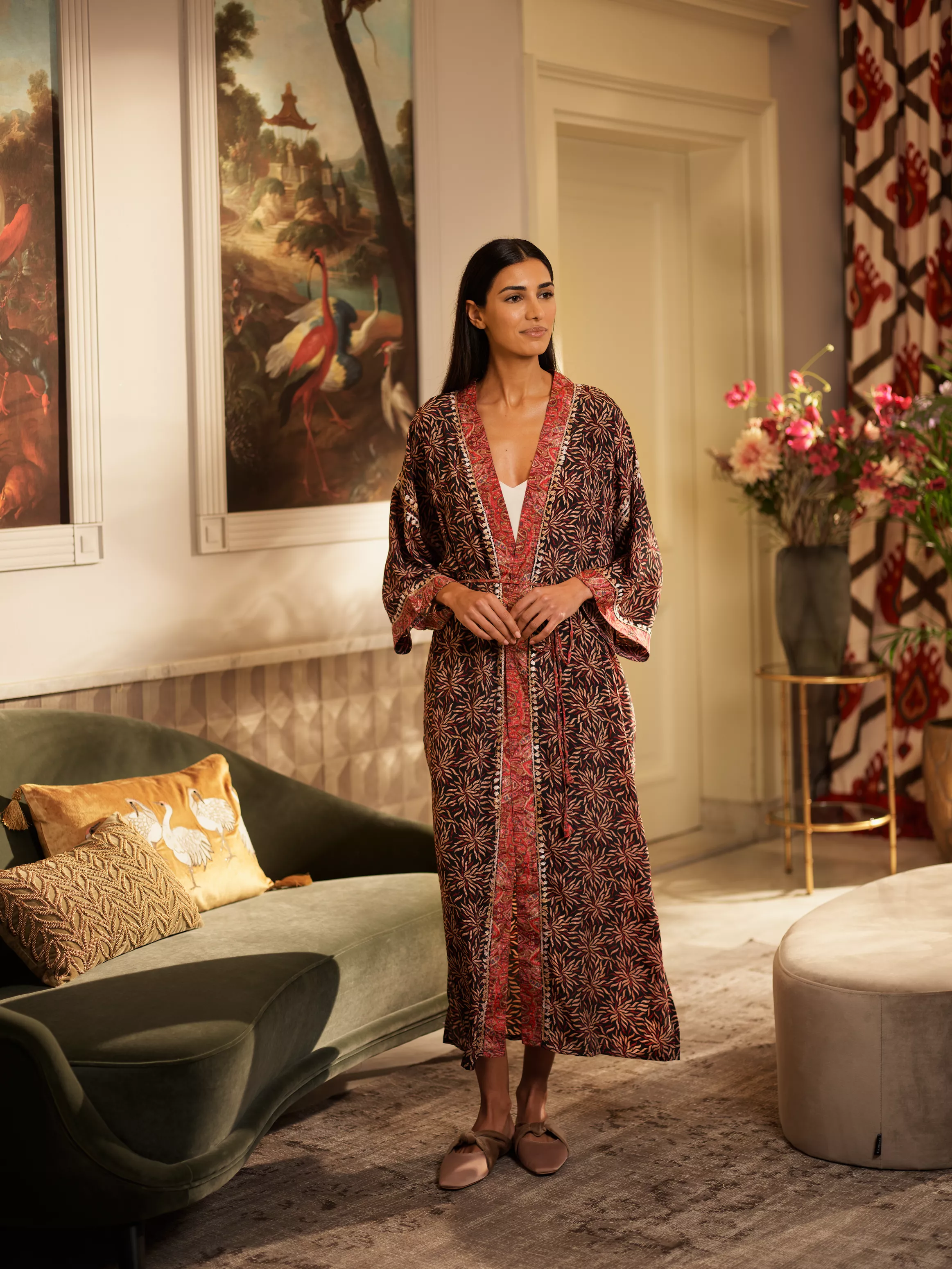 （RITUALS CHRISTMAS SALE）Jaypur Saree Kimono Dark Flower Long