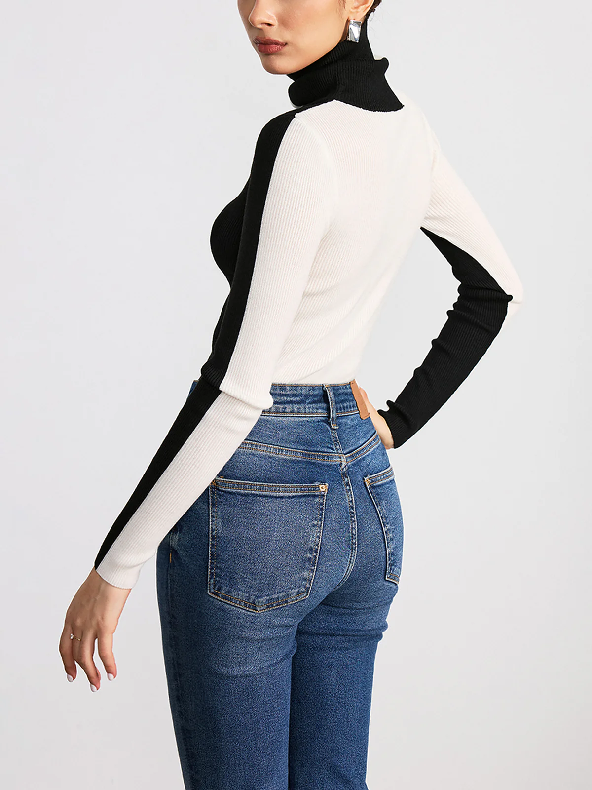 Color-Block Turtleneck Ribbed Knit Top