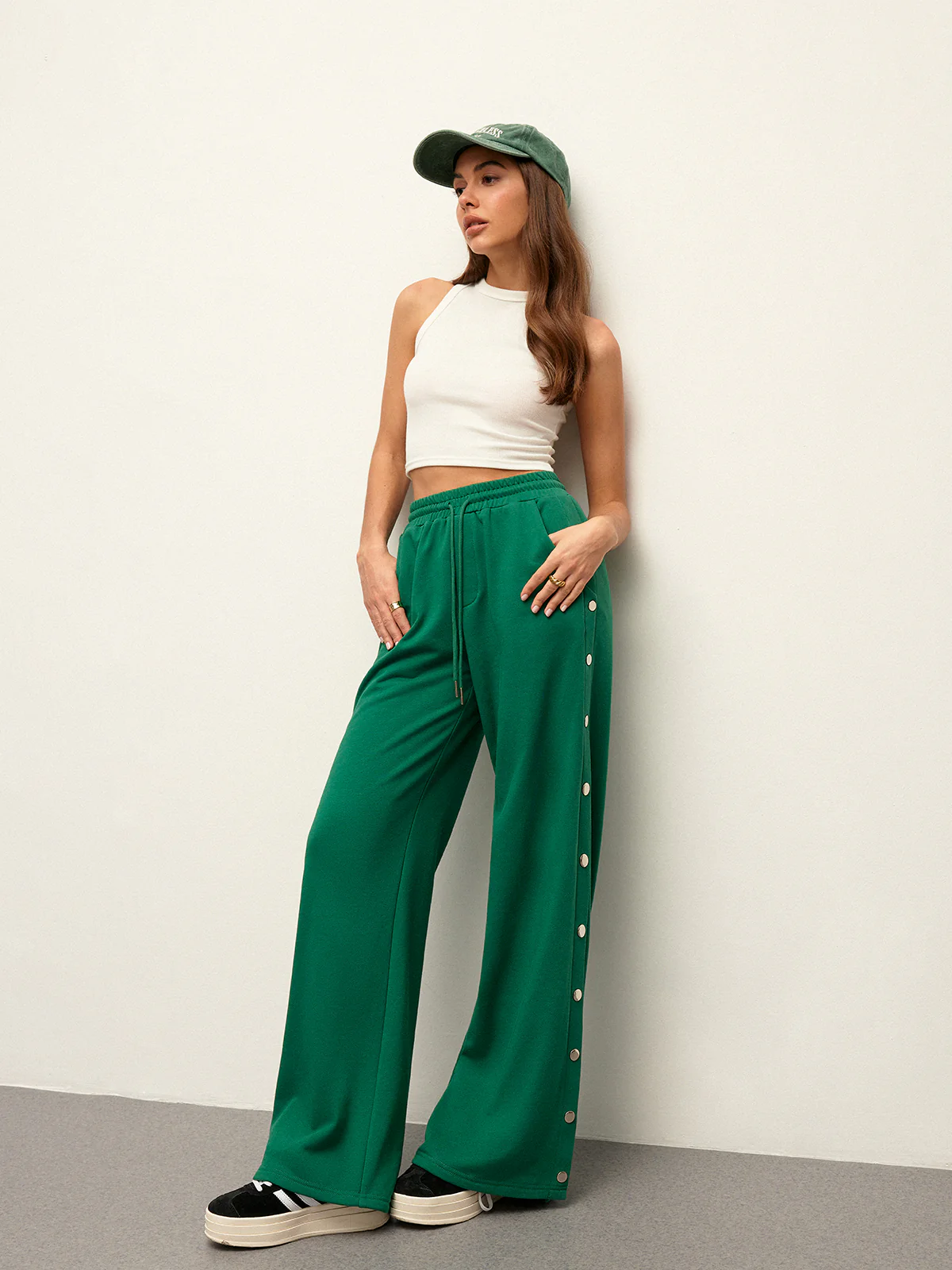 Mid-Waist Drawstring Sweatpants With Button Side Detail