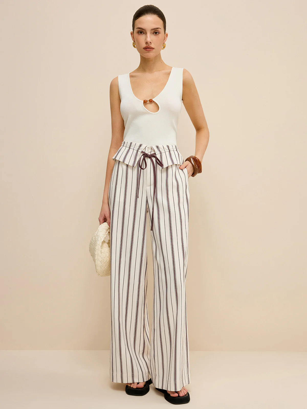 Striped Wide-Leg Pants with Peplum Waist
