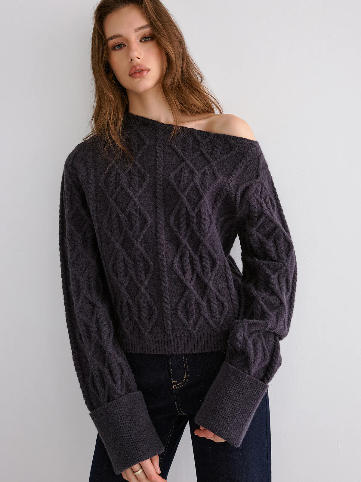 Cable Knit Off-shoulder Sweater