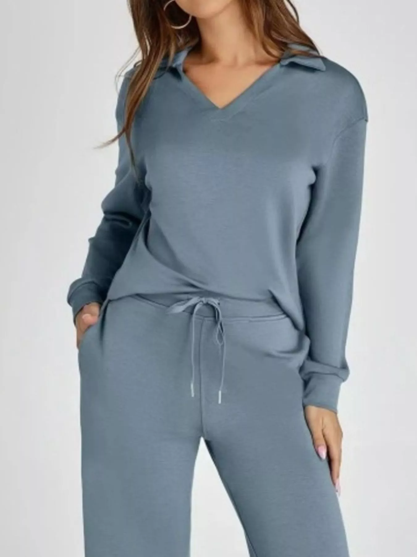 Full Size Collar Long Sleeve Top and Pants Plus Size