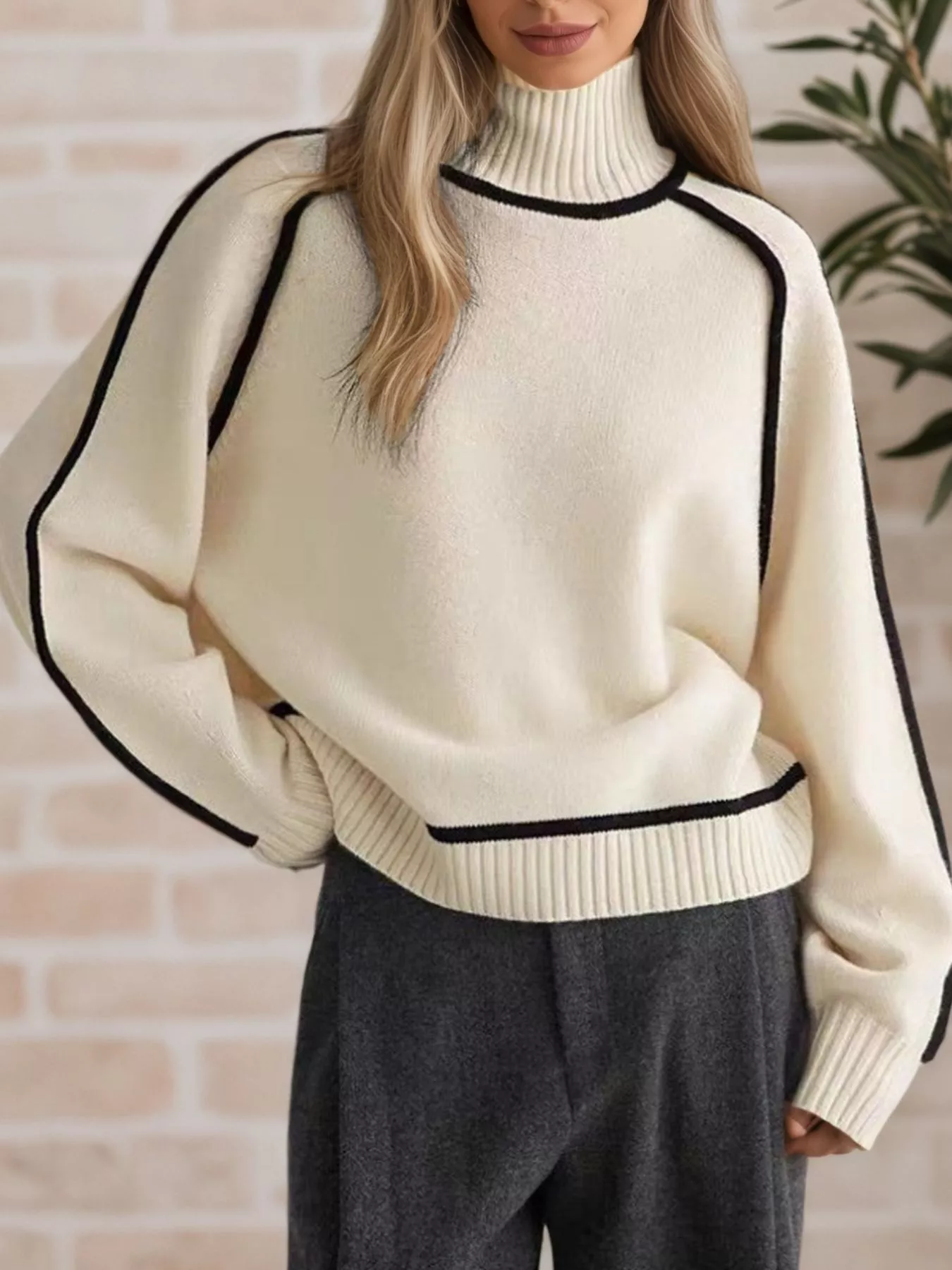 Contrast Trim Turtleneck Sweater
