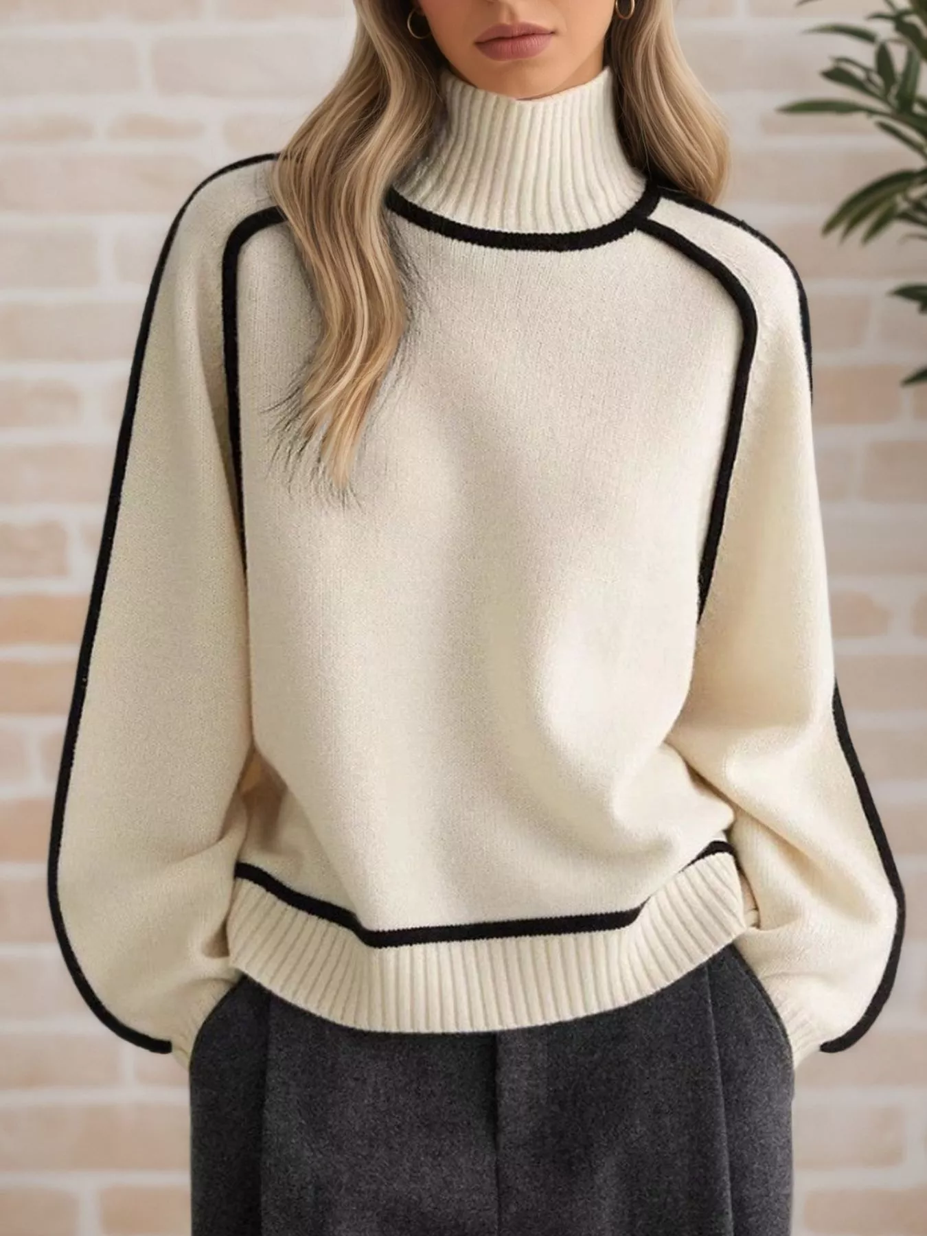 Contrast Trim Turtleneck Sweater