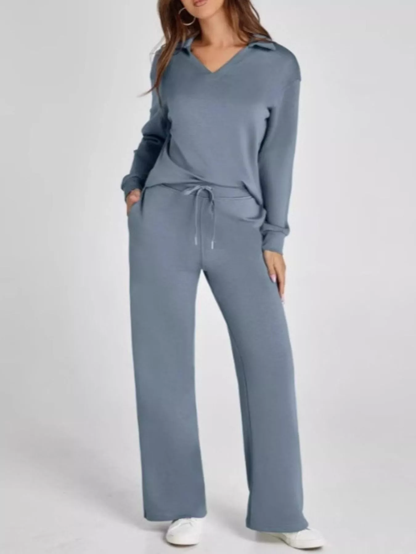 Full Size Collar Long Sleeve Top and Pants Plus Size