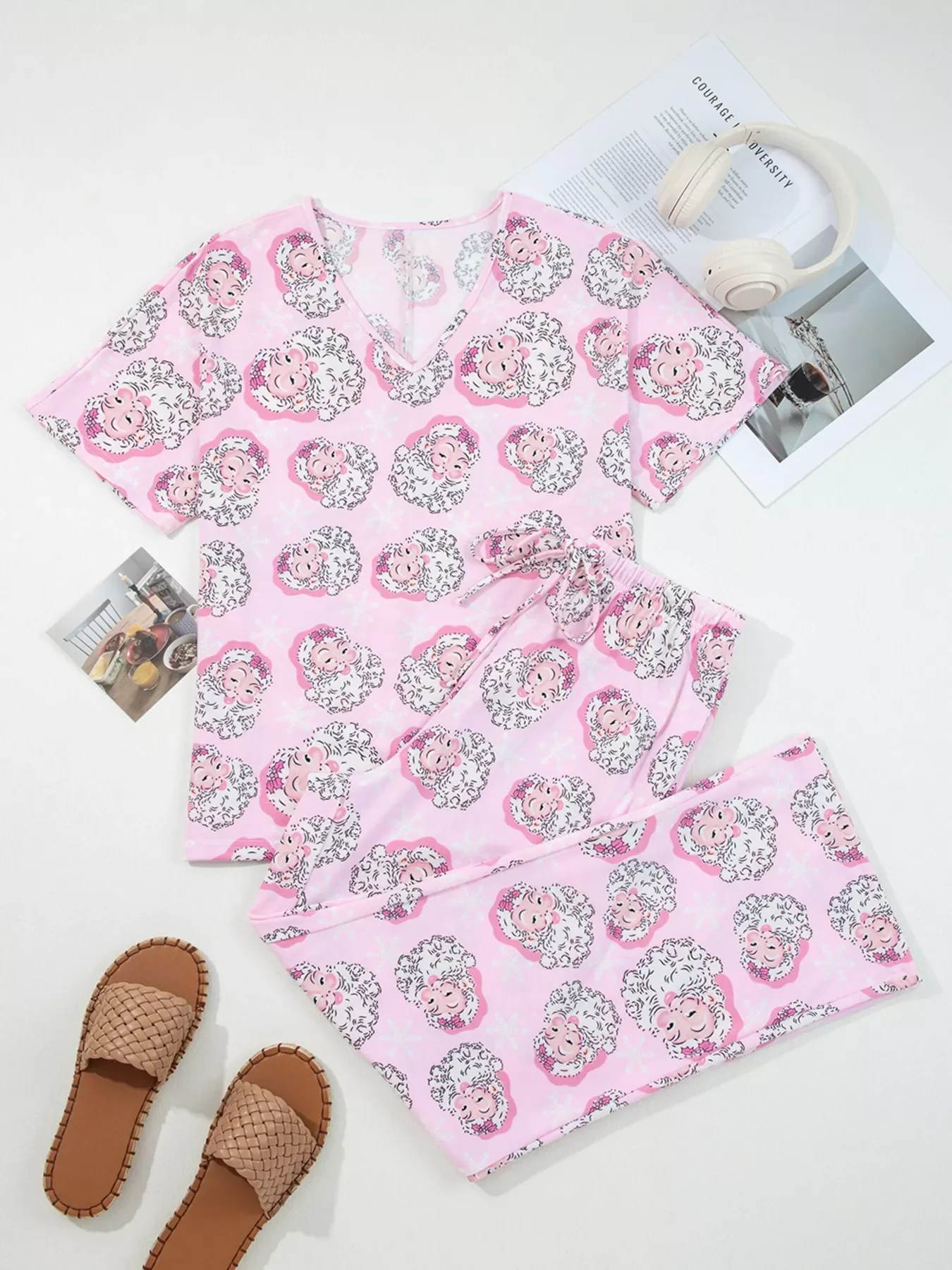 Santa Claus Print V Neck Tee Drawstring Pants 2pcs Lounge Set